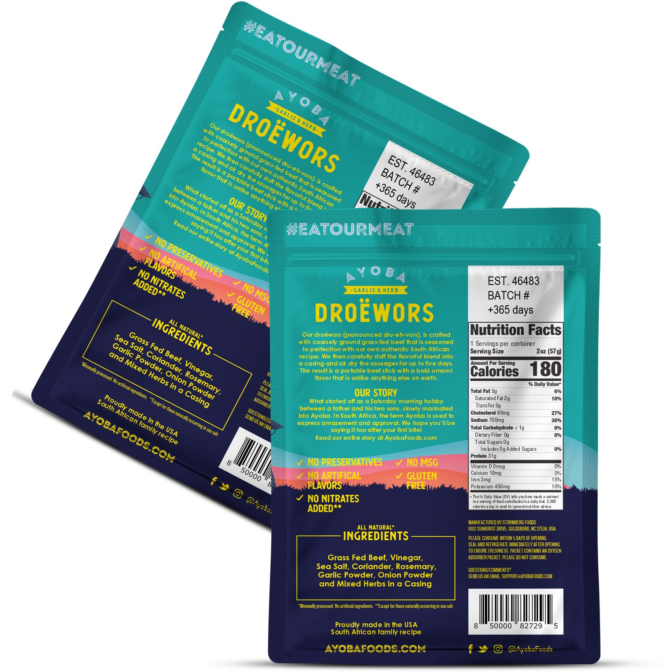 Ayoba Garlic Droewors Grass Fed Beef Paleo Sticks (4 Ounce, Pack Of 1) Keto Friendly, Air-Dried Grass Fed Beef Snack - Gluten Free, Nitrate Free, No Sugar, Meat Snacks