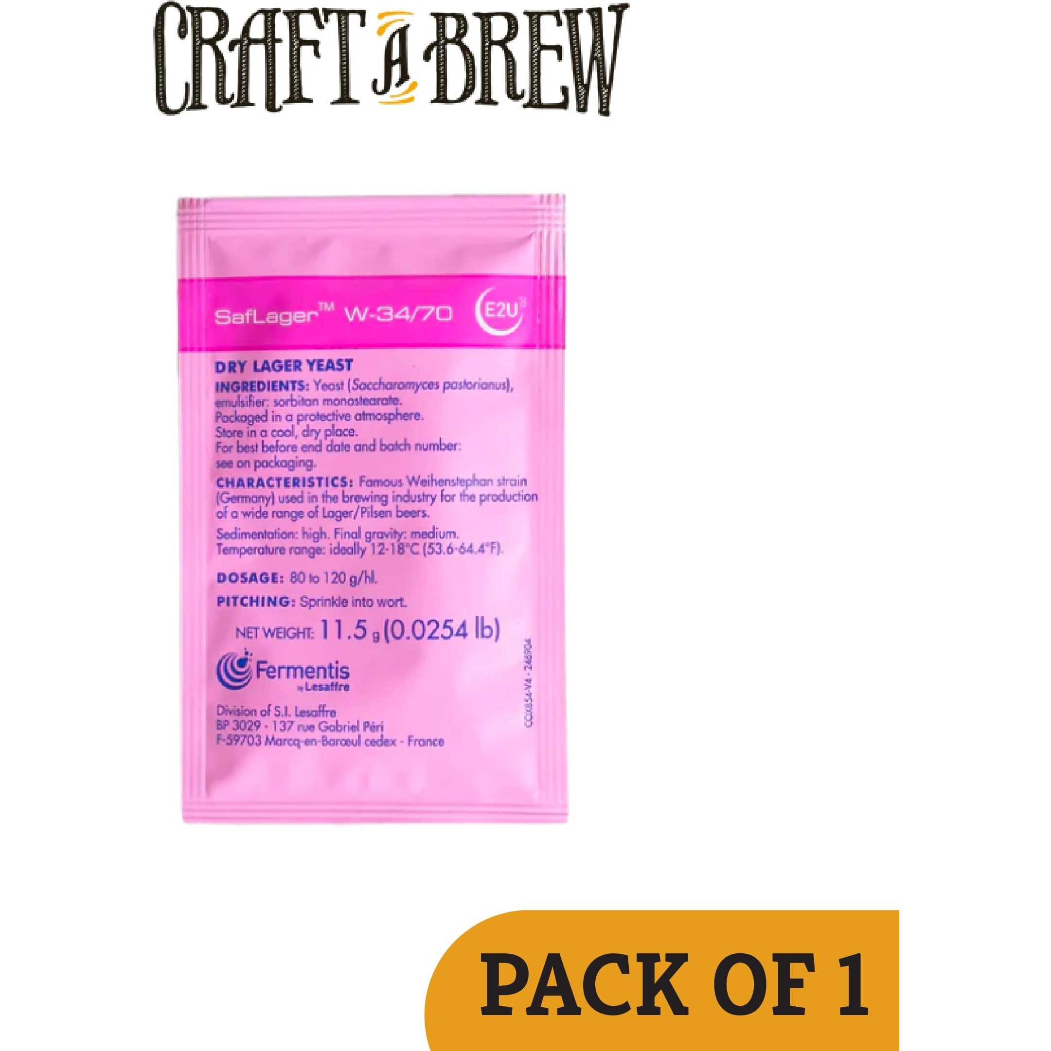 Craft A Brew - Saflager W-34/70 Yeast - German Lager Dry Yeast - For Craft Lagers - Ingredients For Home Brewing - Beer Making Supplies - [1 Pack]