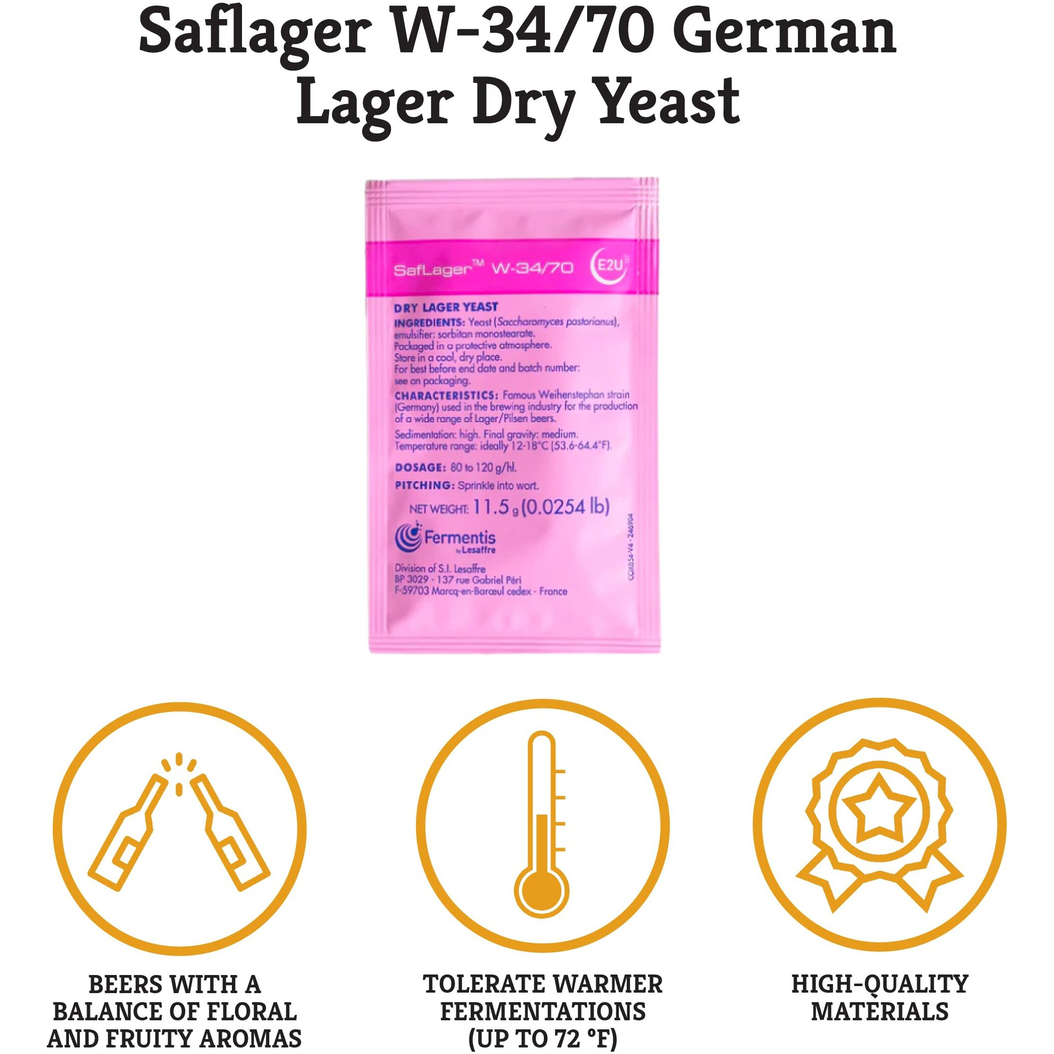 Craft A Brew - Saflager W-34/70 Yeast - German Lager Dry Yeast - For Craft Lagers - Ingredients For Home Brewing - Beer Making Supplies - [1 Pack]