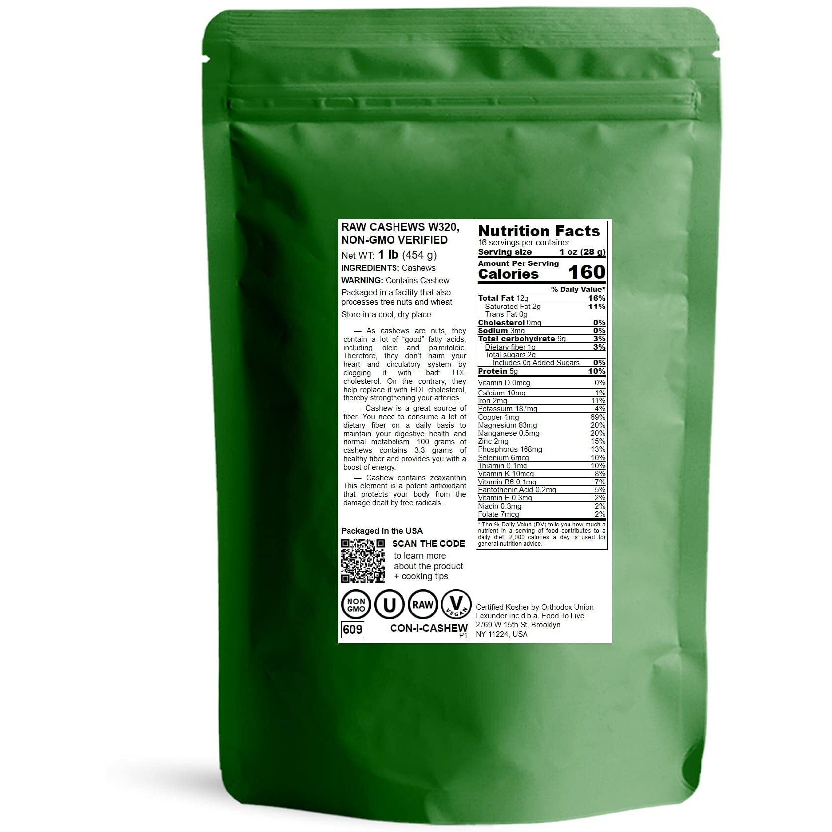 Food To Live - Cashew Nuts, 1 Pound Non-Gmo Verified, Large Size W240, Whole Nuts, Unsalted, Kosher, Raw, Vegan, Bulk