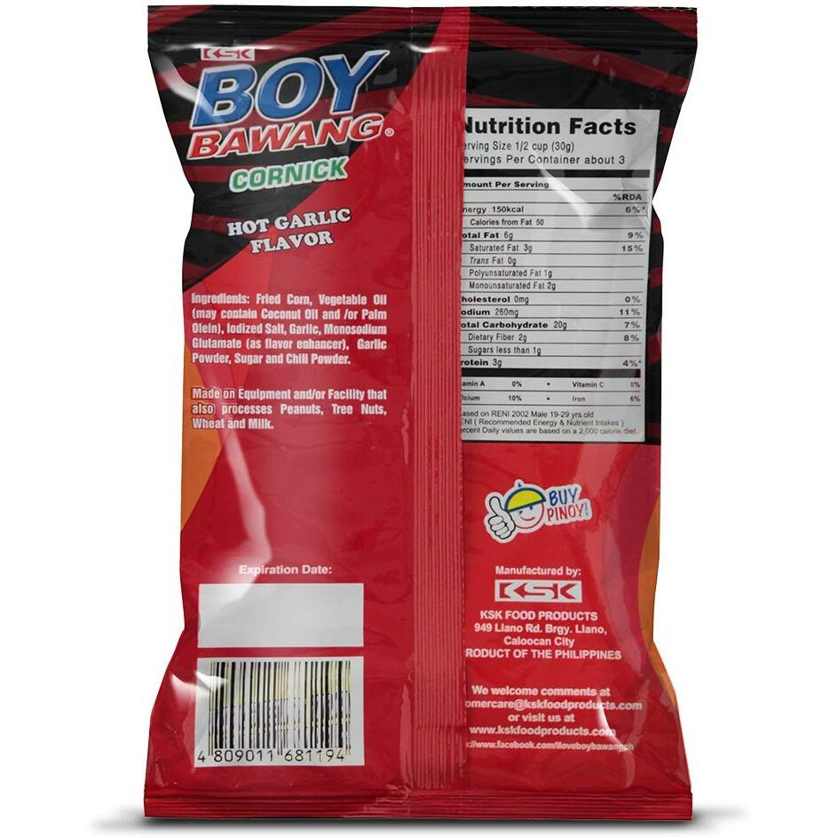 Boy Bawang Cornick, Hot Garlic - Crispy Tasty & Gluten-Free Corn Nuts 3.54 Ounces (100G), 3 Pack