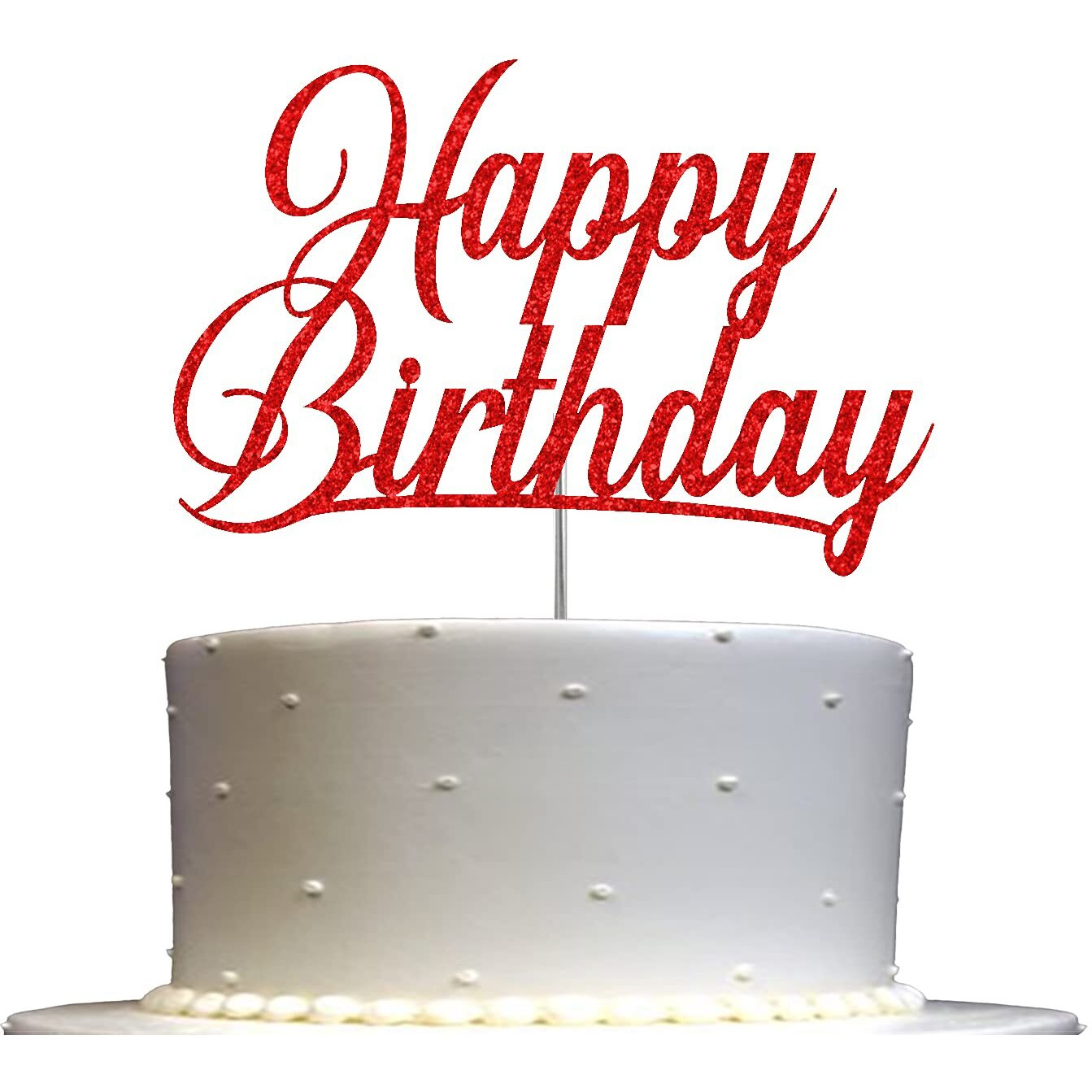 Happy Birthday Glitter Cake Topper, Birthday Party Decorations Ideas, Premium Quality Decoration, Sturdy Doubled Sided Glitter, Acrylic Stick. Made In Usa (Red)