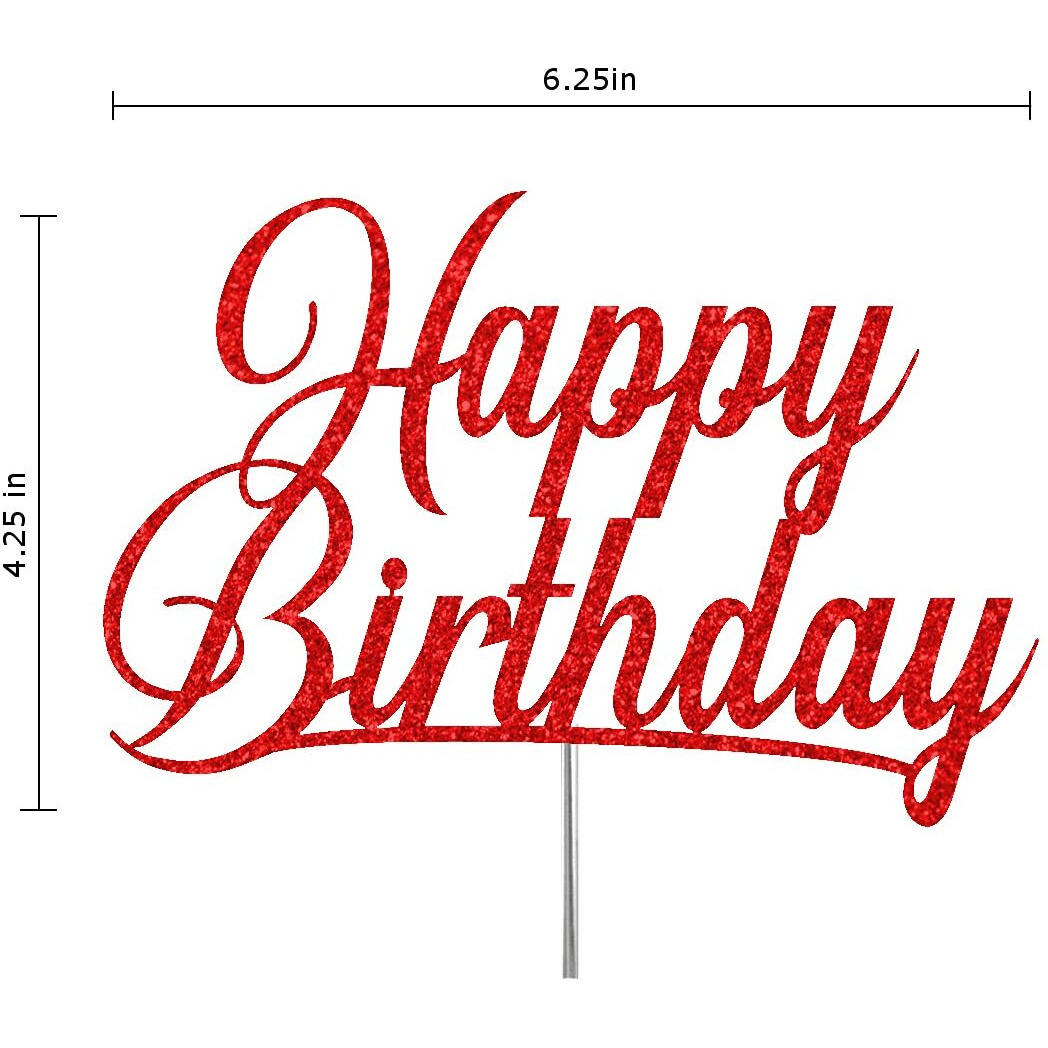 Happy Birthday Glitter Cake Topper, Birthday Party Decorations Ideas, Premium Quality Decoration, Sturdy Doubled Sided Glitter, Acrylic Stick. Made In Usa (Red)