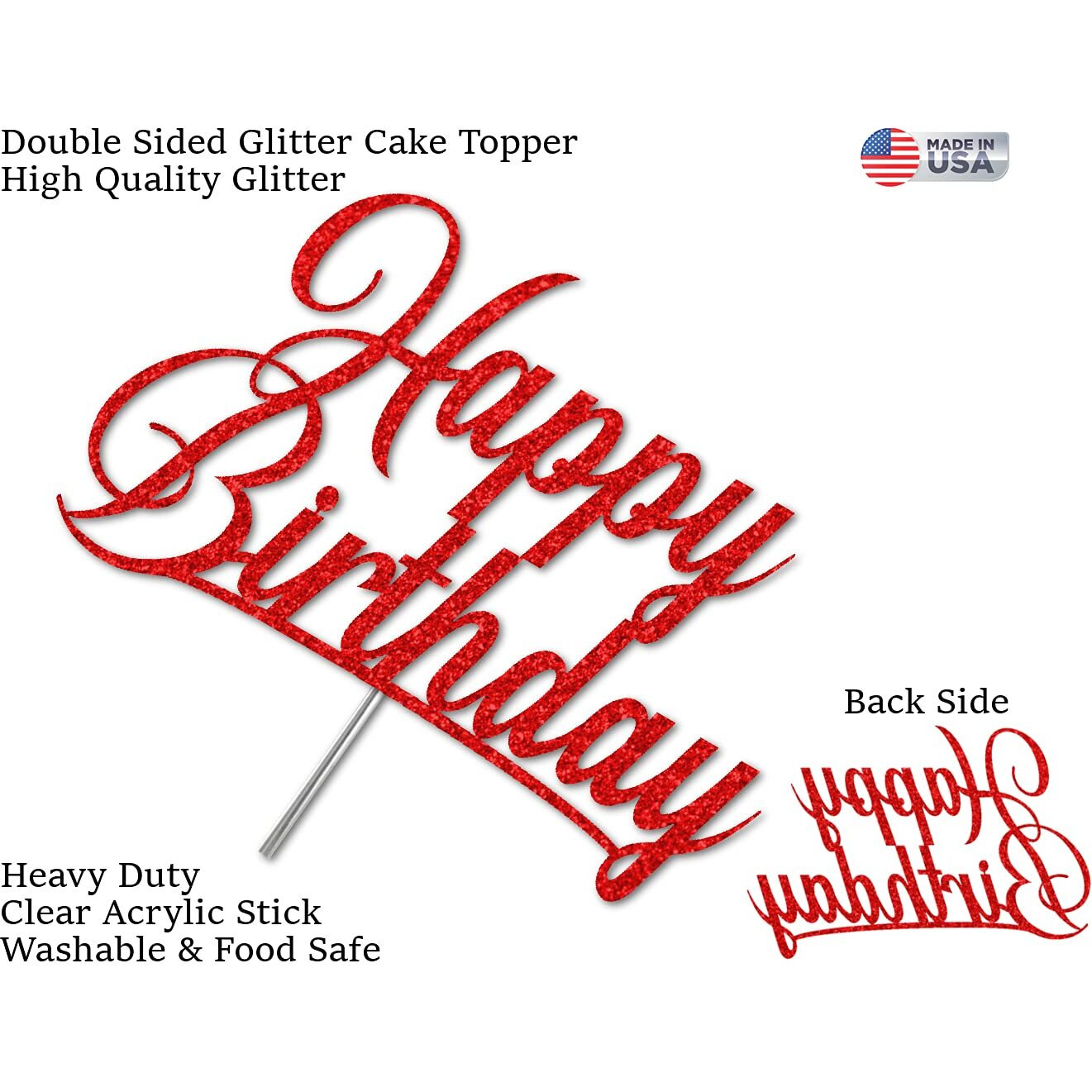 Happy Birthday Glitter Cake Topper, Birthday Party Decorations Ideas, Premium Quality Decoration, Sturdy Doubled Sided Glitter, Acrylic Stick. Made In Usa (Red)