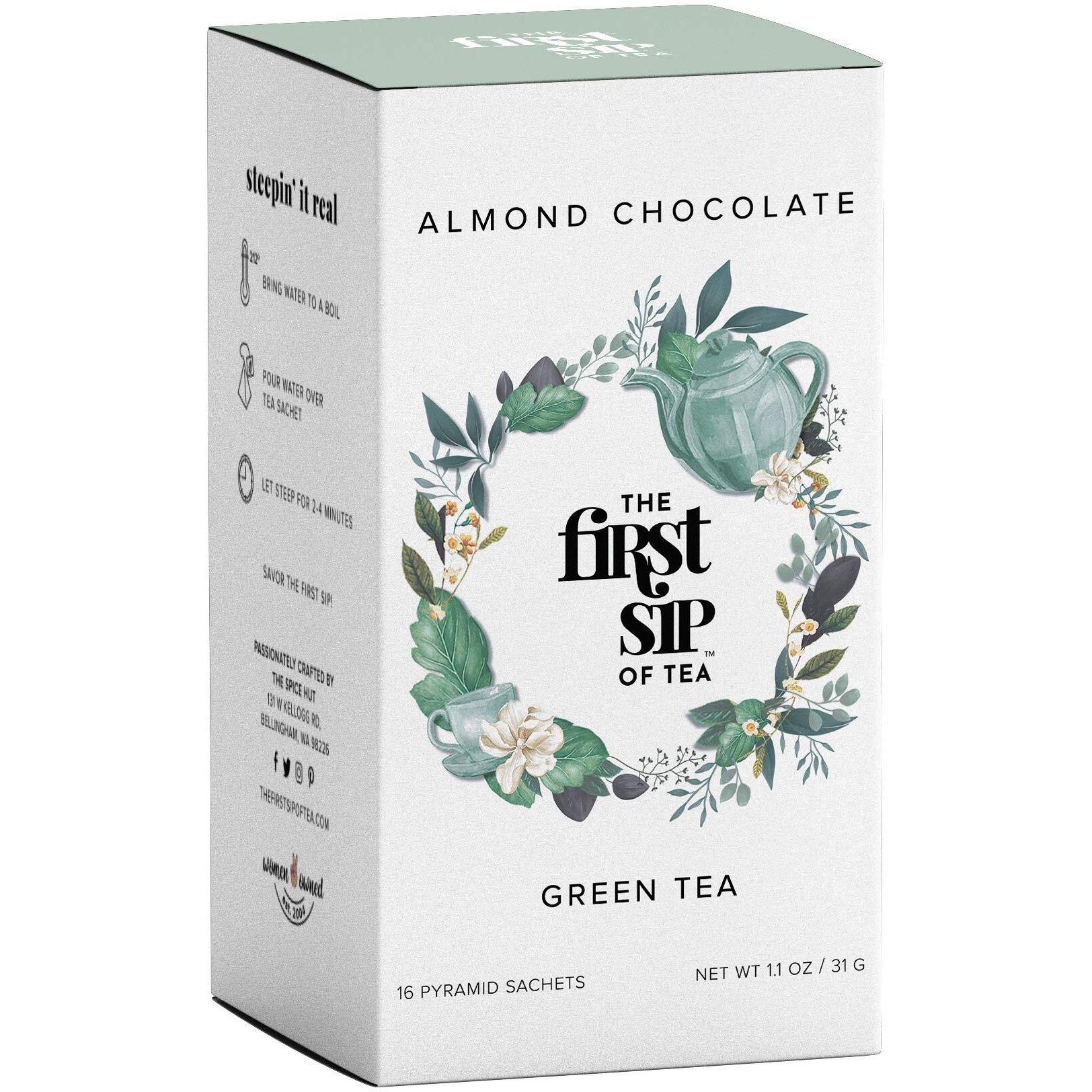 Almond Chocolate Green Tea, Pyramid Sachet Tea Bags, Dark Chocolate & Almond, Caffeinated, Hot & Iced Tea - 16 Cups | The Spice Hut, First Sip Of Tea