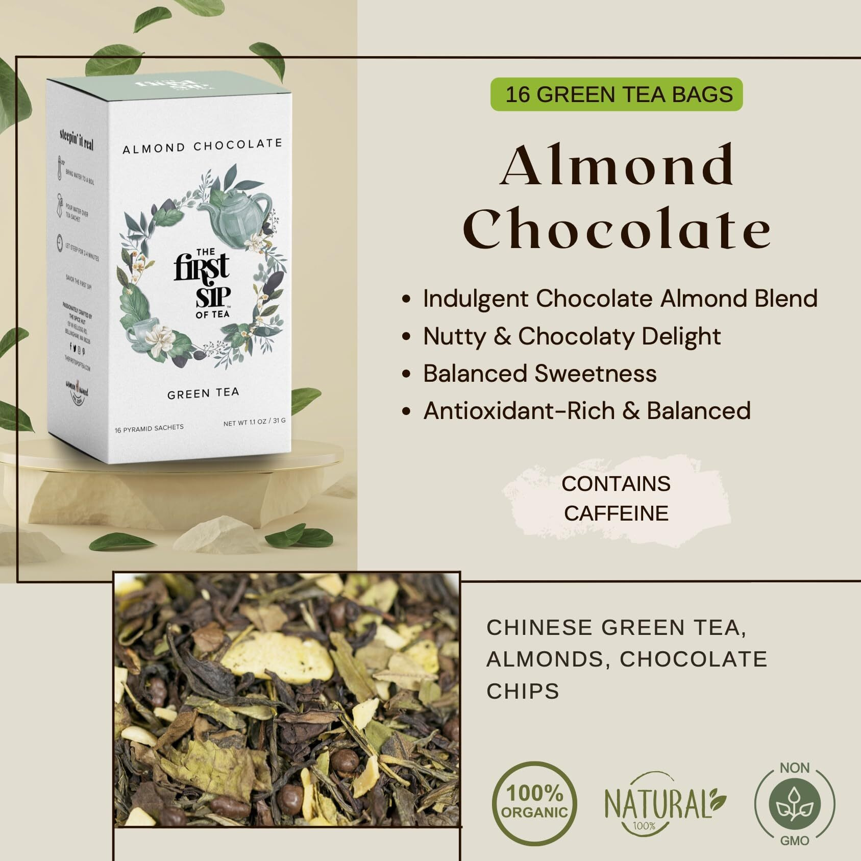 Almond Chocolate Green Tea, Pyramid Sachet Tea Bags, Dark Chocolate & Almond, Caffeinated, Hot & Iced Tea - 16 Cups | The Spice Hut, First Sip Of Tea