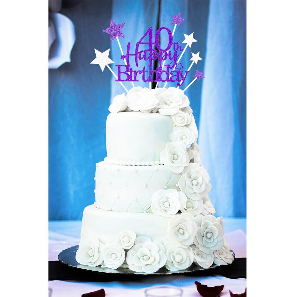 Glittery 40Th Happy Birthday Cake Topper With Star,Personalised 40 Birthday Cake Toppers Party Decorations Party Supplies For Men Women Purple Silver