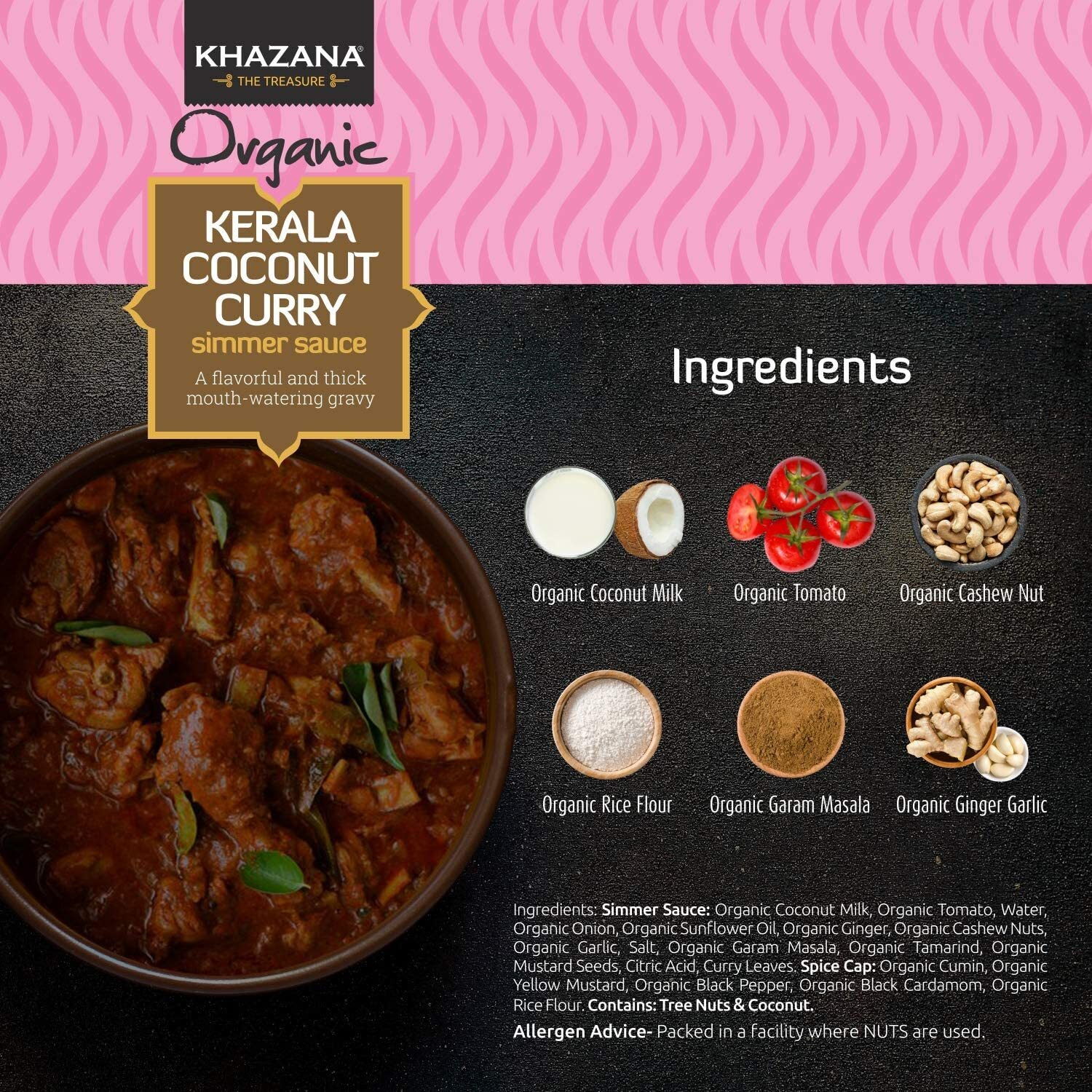Khazana Organic Kerala Coconut Curry Indian Simmer Sauce - 12.7Oz Jars | Non-Gmo, Vegan, Gluten Free, Kosher | Authentic Indian Meals Made Easy At Home