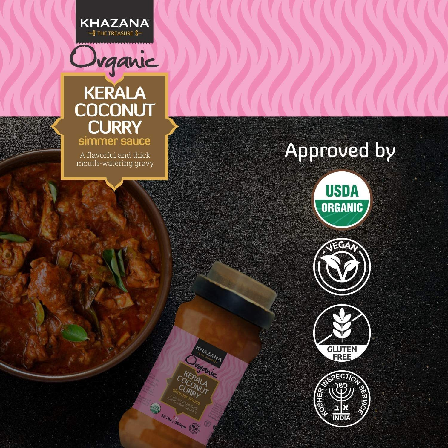 Khazana Organic Kerala Coconut Curry Indian Simmer Sauce - 12.7Oz Jars | Non-Gmo, Vegan, Gluten Free, Kosher | Authentic Indian Meals Made Easy At Home