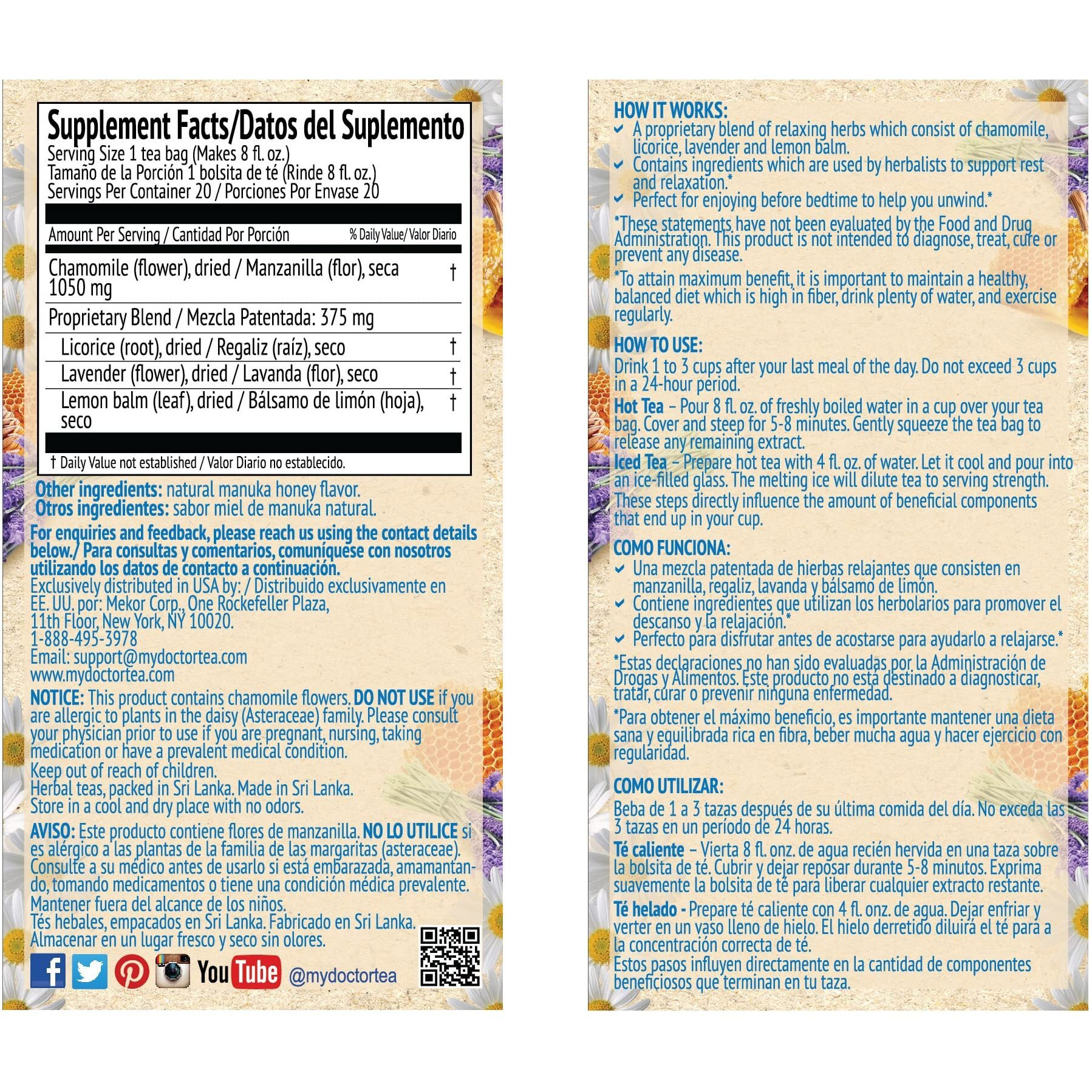 Dr. Tea Wellness Chamomile Herbal Tea With Honey Flavor - 20 Tea Bags