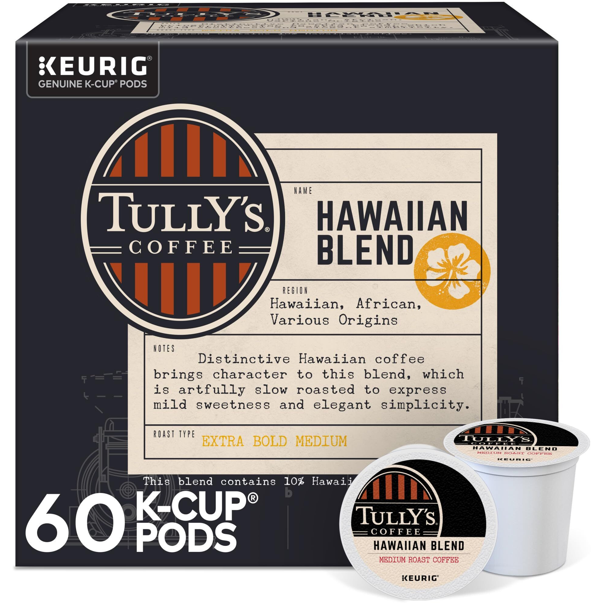 Tully's Coffee Hawaiian Blend, Keurig Single Serve K-Cup Pods, Medium Roast, 60 Count, (6 Packs Of 10)