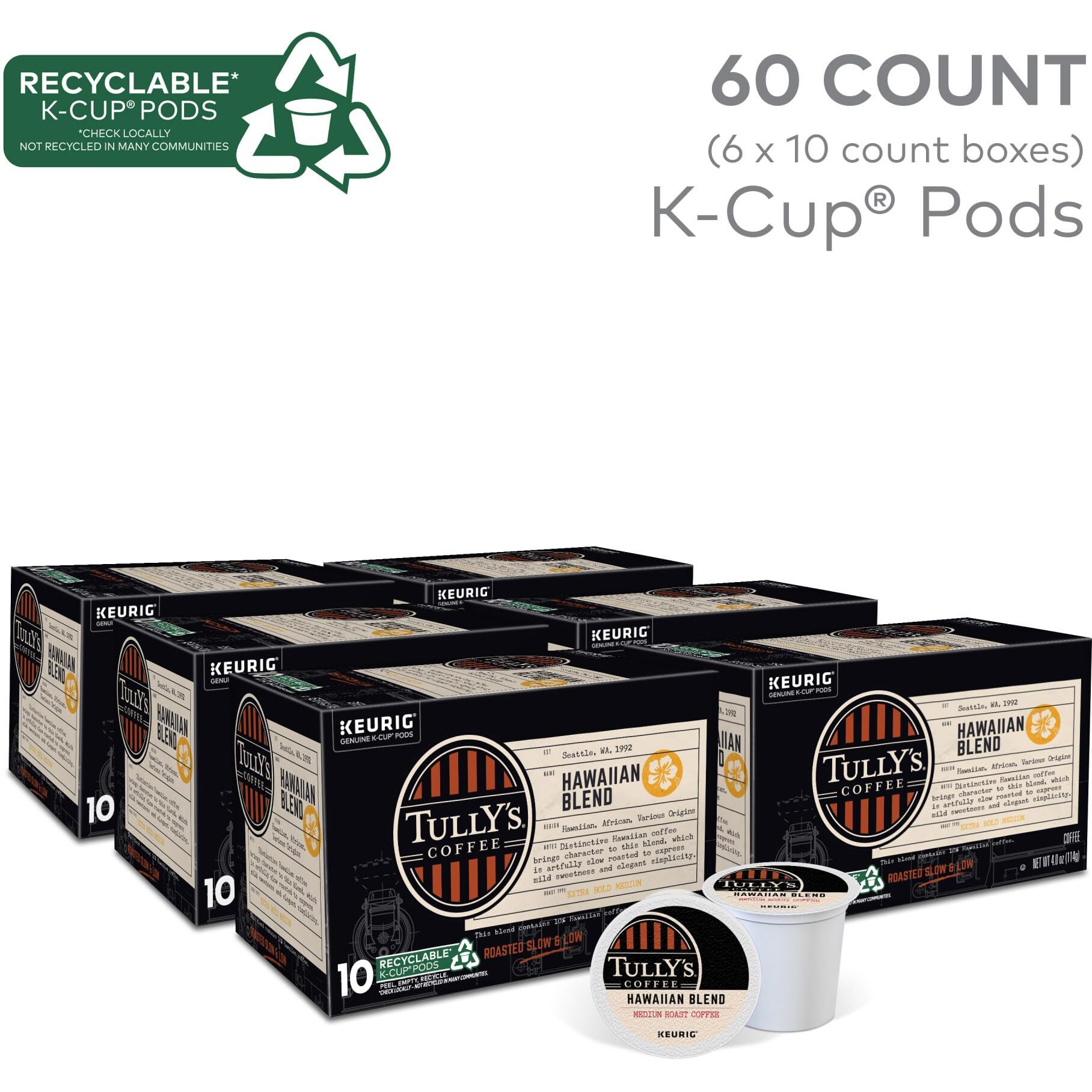 Tully's Coffee Hawaiian Blend, Keurig Single Serve K-Cup Pods, Medium Roast, 60 Count, (6 Packs Of 10)