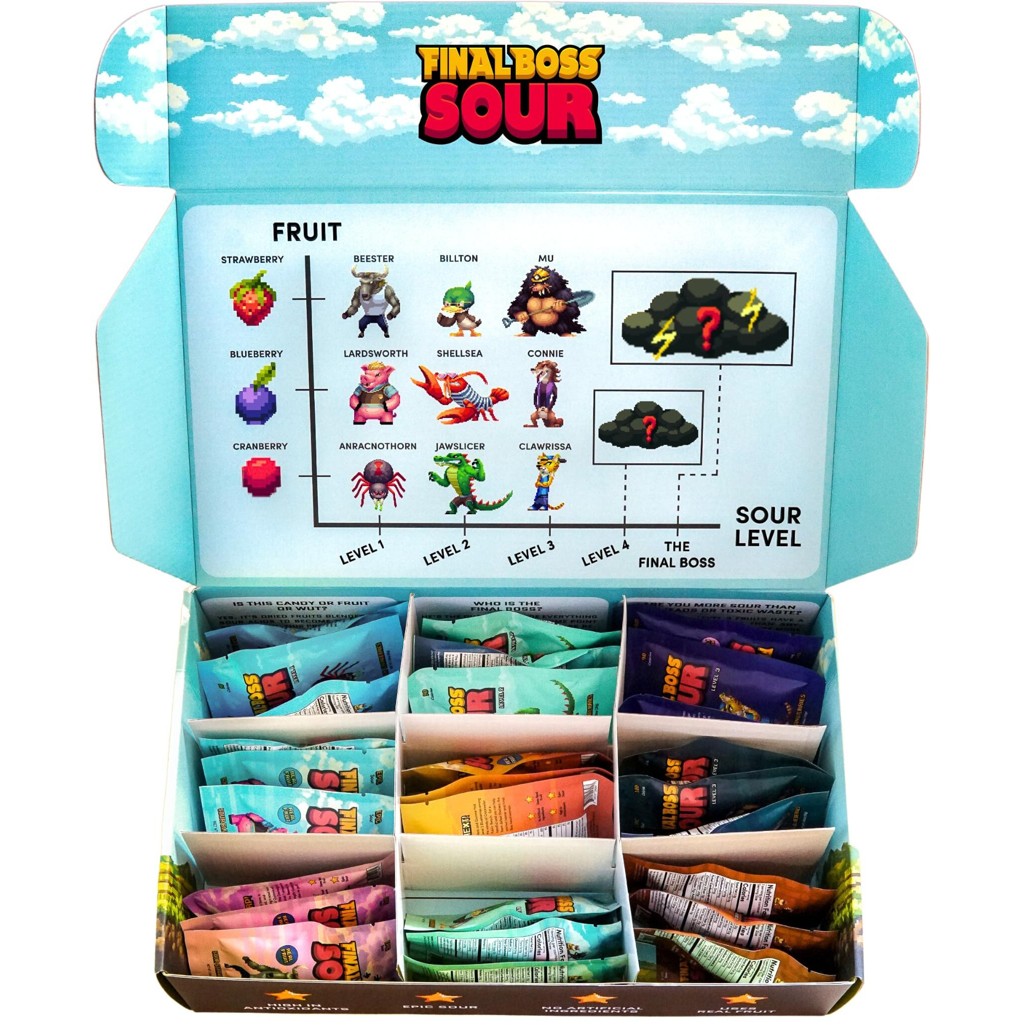 Final Boss Extremely Super Sour Candy, Natural Chewy Gummies Made With Dried Fruit, Free Of Artificial Colors, Low Calorie Healthy Snack For Kids & Adults, 1.06Oz, 27 Pack (All Sour Levels)