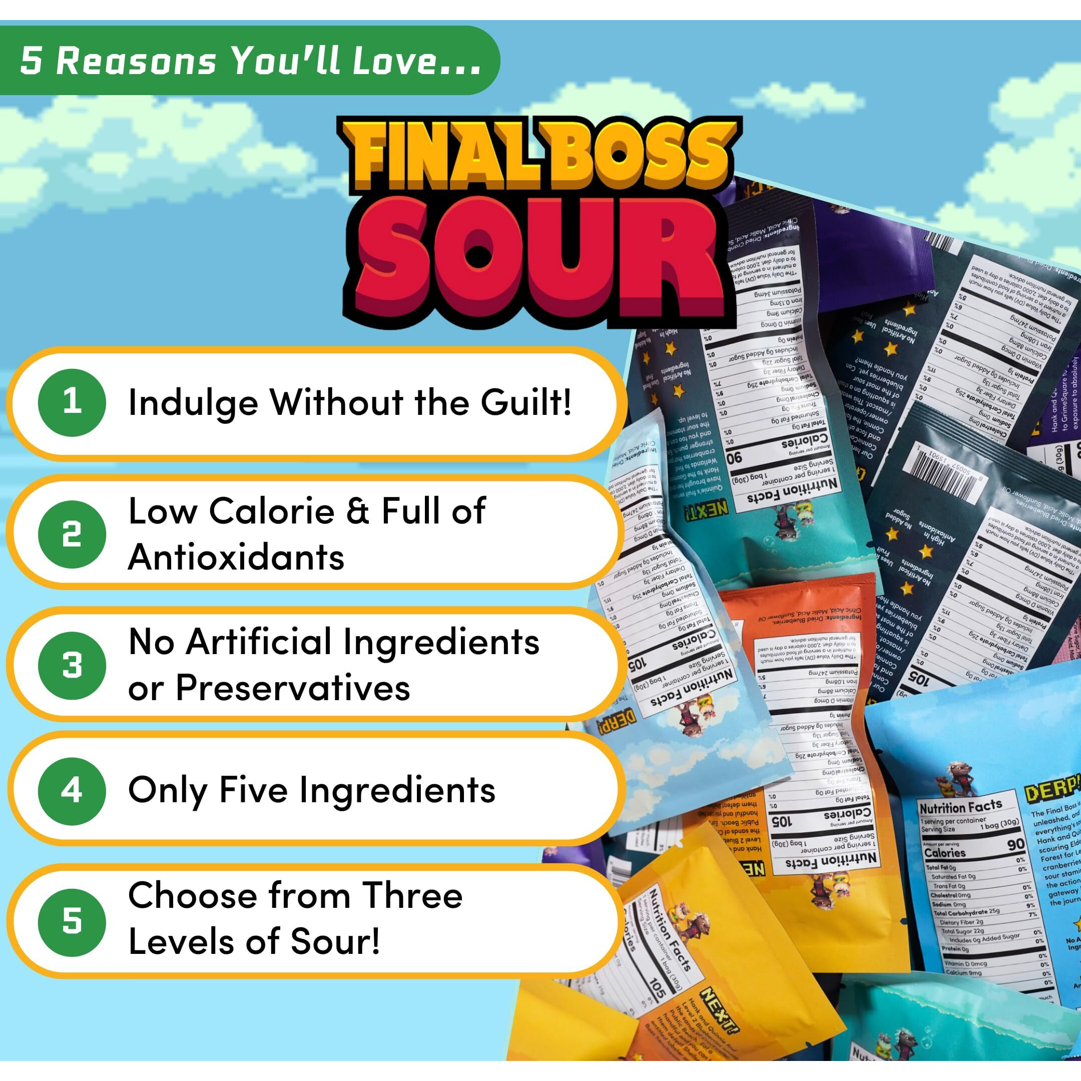 Final Boss Extremely Super Sour Candy, Natural Chewy Gummies Made With Dried Fruit, Free Of Artificial Colors, Low Calorie Healthy Snack For Kids & Adults, 1.06Oz, 27 Pack (All Sour Levels)