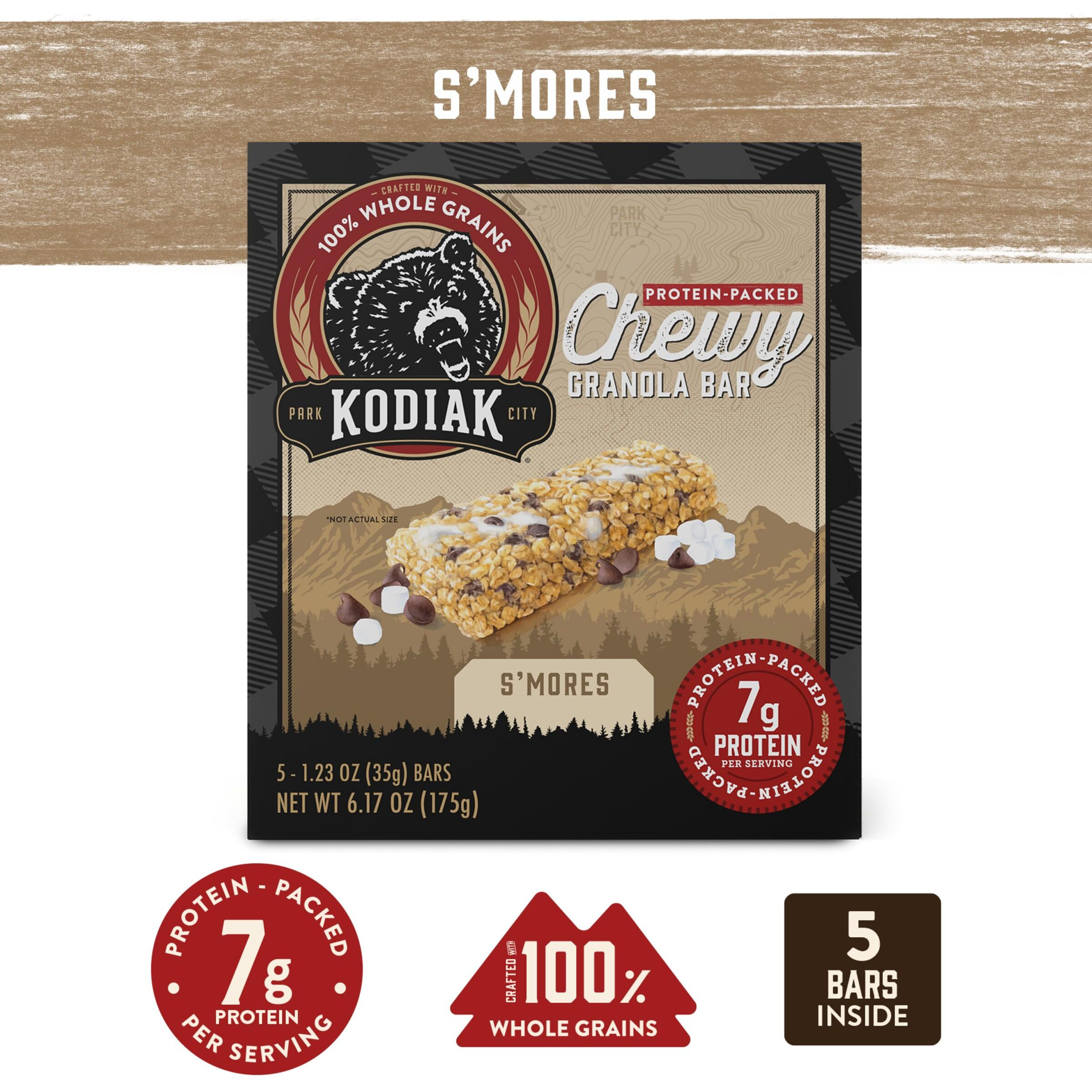 Kodiak Cakes Chewy Granola Protein Snack Bars Variety Pack, S'Mores, Chocolate Chip, Double Chocolate, High Protein, 100% Whole Grains, Pack Of 4 (20 Bars Total)