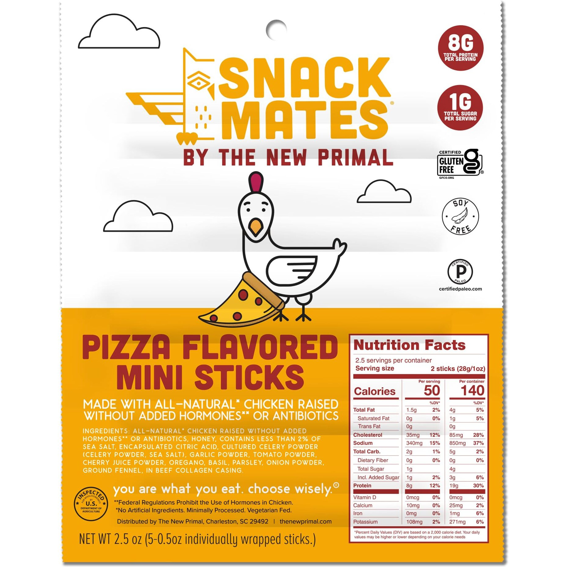 Snack Mates By The New Primal, Chicken Pizza Meat Stick, All Natural Chicken, High Protein And Low Sugar Kids Snack, Certified Paleo, Certified Gluten Free, Lunchbox Friendly, 0.5 Oz, Pack Of 5