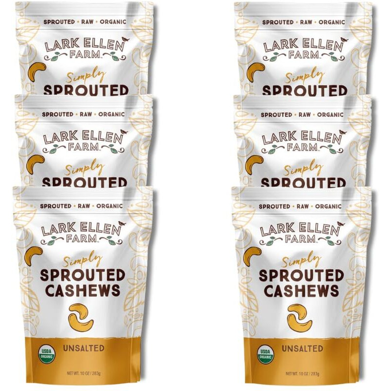Lark Ellen Farm Whole Cashews, Unsalted Raw Sprouted Nuts, Certified Usda Organic, Gluten-Free, Vegan Snacks (10 Oz, 6 Pack)