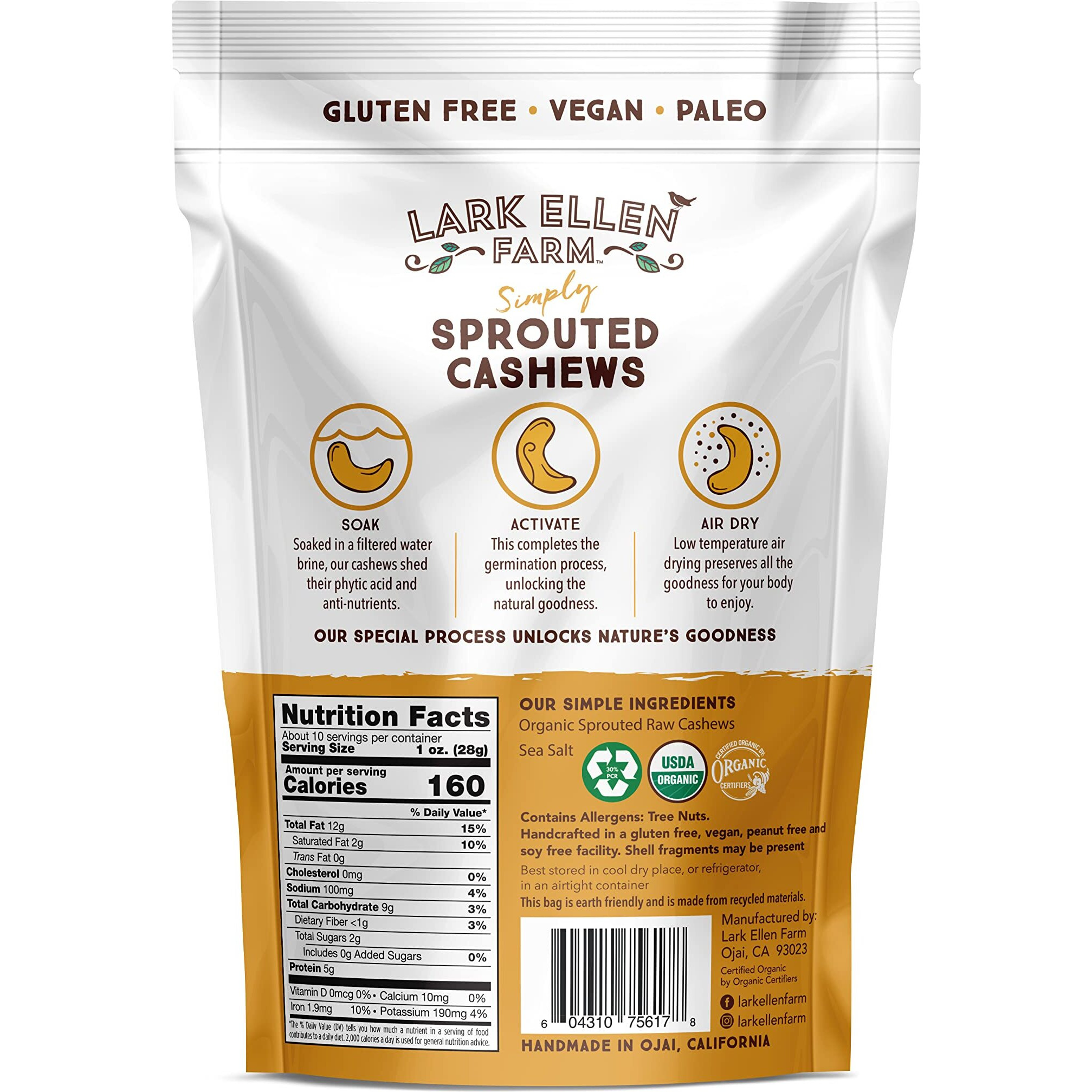 Lark Ellen Farm Whole Cashews, Unsalted Raw Sprouted Nuts, Certified Usda Organic, Gluten-Free, Vegan Snacks (10 Oz, 6 Pack)