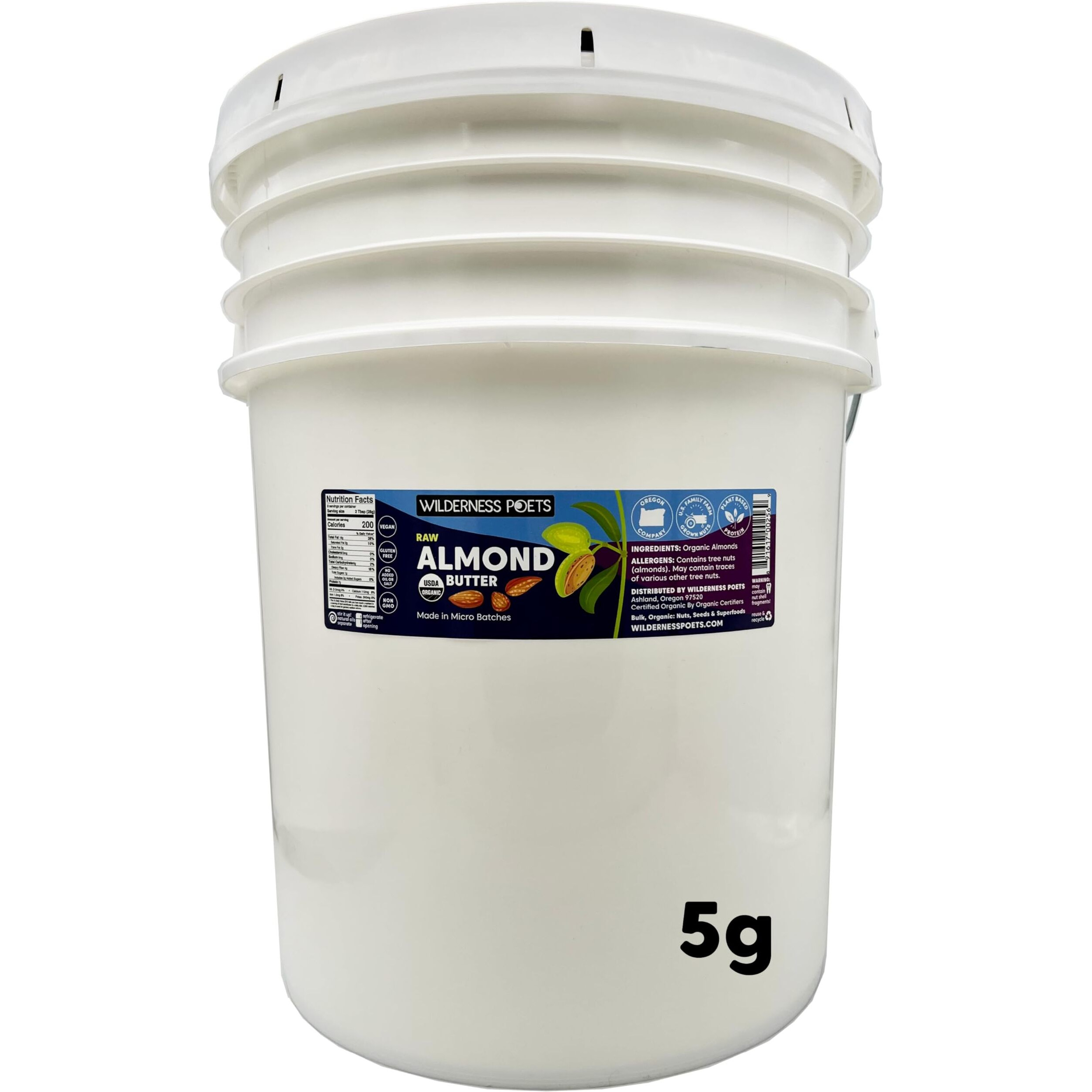 Wilderness Poets, Organic Almond Butter (40 Pound - 5 Gallon) - Raw, Unsweetened, Salt-Free, Vegan Nut Butter