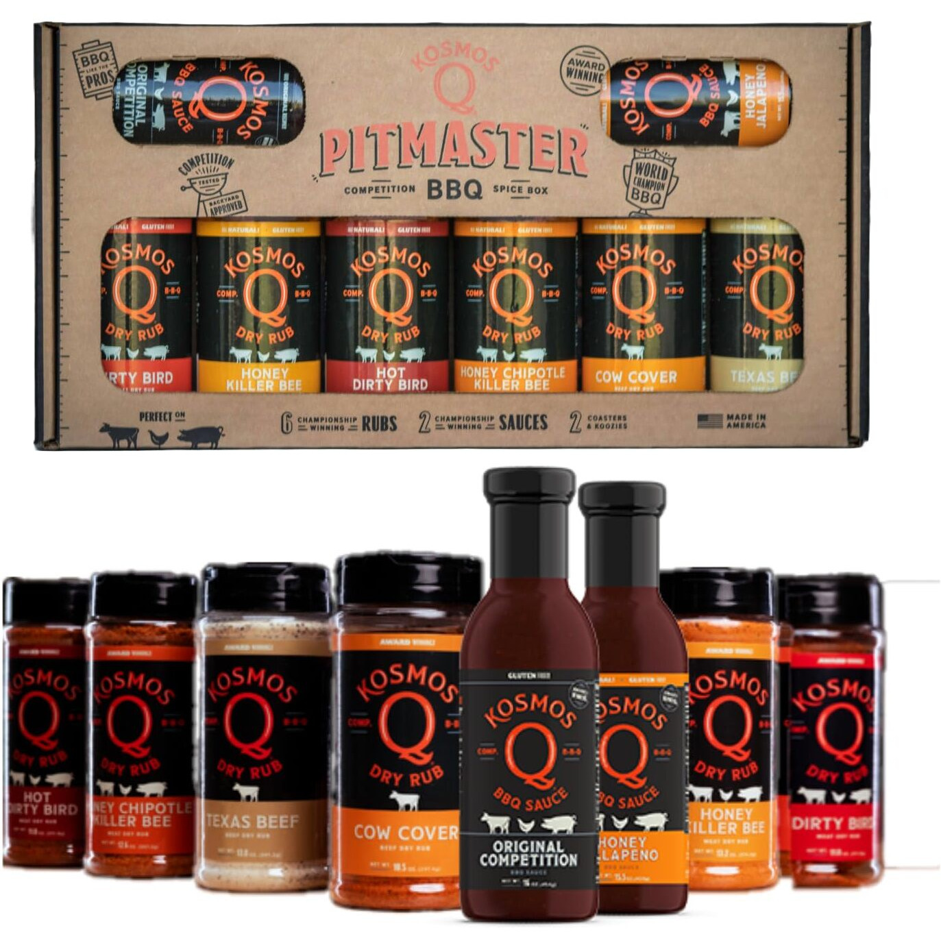 Kosmos Q Pitmaster Bbq Sauce Gift Set - Bbq Sauce & Bbq Spices Sampler Set - 8-Piece Grill Seasoning Set W/Barbecue Sauce & Meat Rubs (8 Flavors)