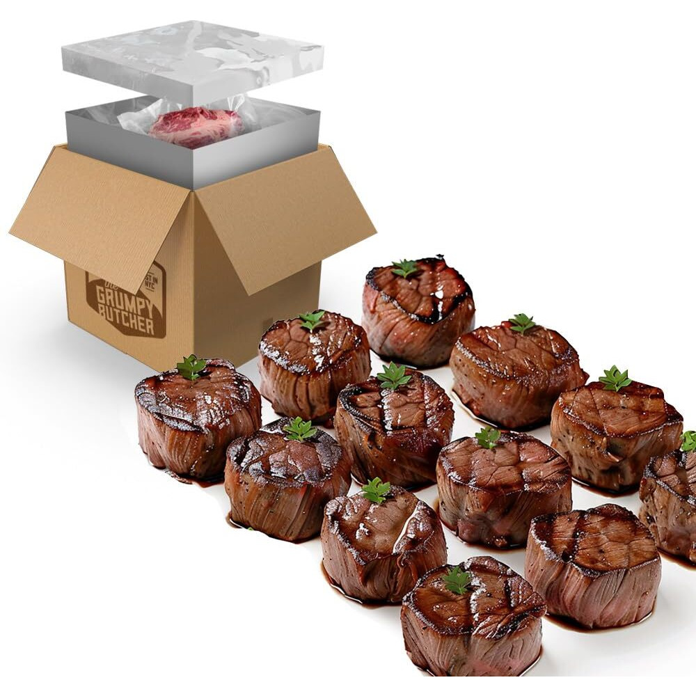 Grumpy Butcher Large Filet Mignon Steak (8 Oz Each, 12 Pack) | Steak House Size Beef Tenderloin Center Cut | Bulk Steak Package