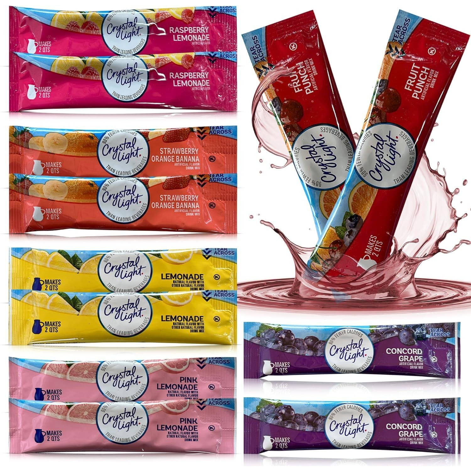 Crystal Light Pitcher Packets Drink Powder - 12 (2-Quart) Sugar Free Drink Mix Variety Pack Includes Lemonade, Fruit Punch, Grape, Strawberry Orange Banana, Raspberry Lemonade & Pink Lemonade