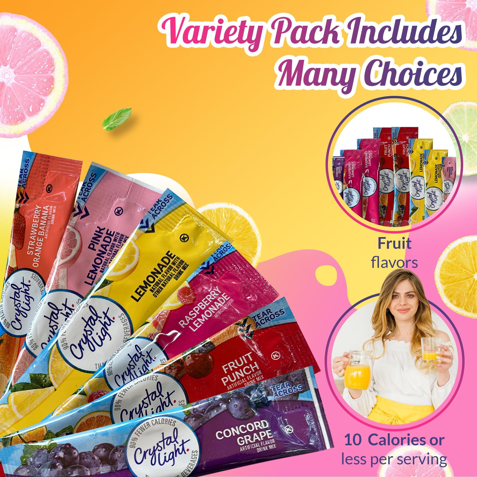 Crystal Light Pitcher Packets Drink Powder - 12 (2-Quart) Sugar Free Drink Mix Variety Pack Includes Lemonade, Fruit Punch, Grape, Strawberry Orange Banana, Raspberry Lemonade & Pink Lemonade