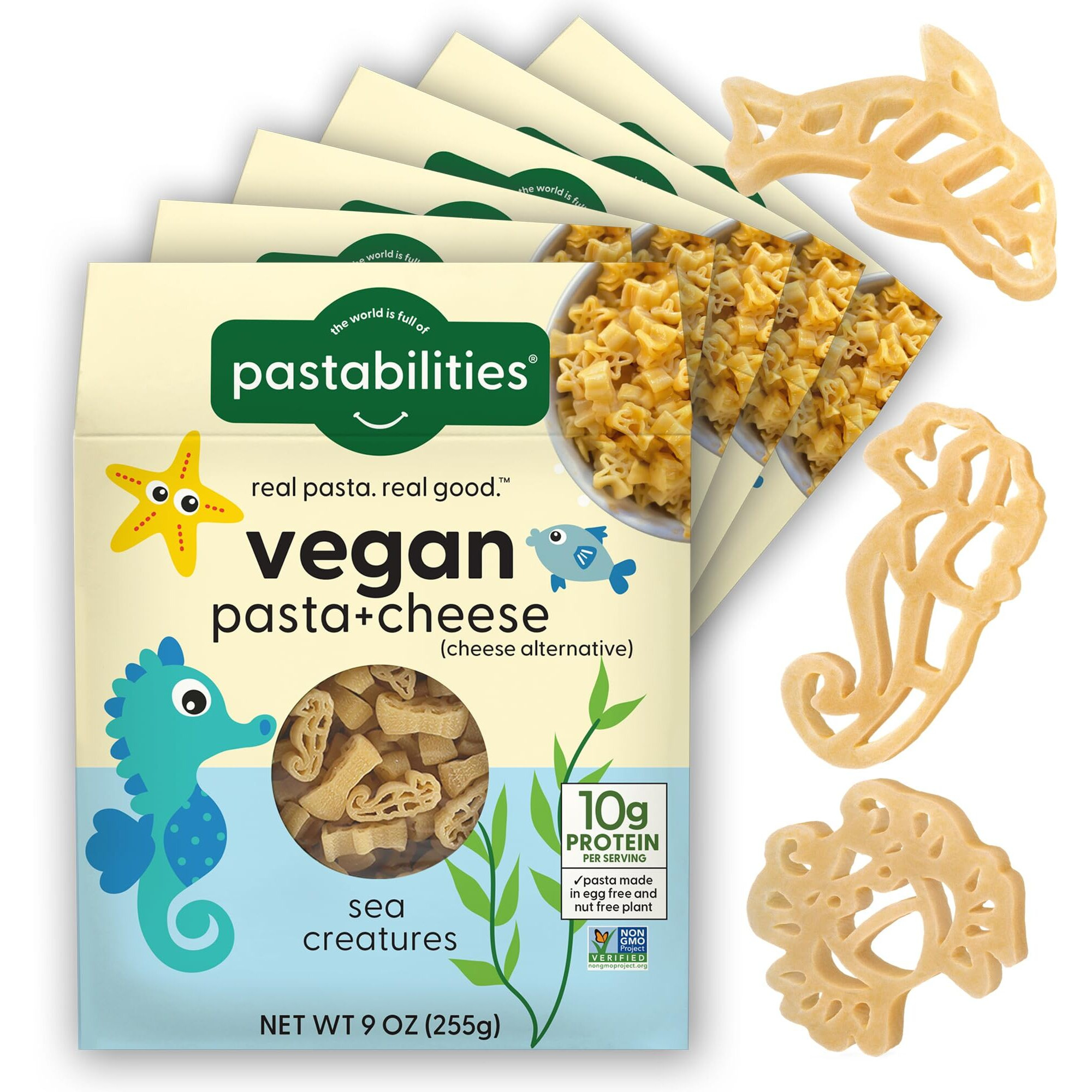 Pastabilities Vegan Mac And Cheese For Kids (& Adults) - Under The Sea - Fun Shapes Sea Creatures, Family Size - Serves 4, Certified Non Gmo Pasta And Cheese Mix, Made In The Usa, (6 Pack, 9 Oz)