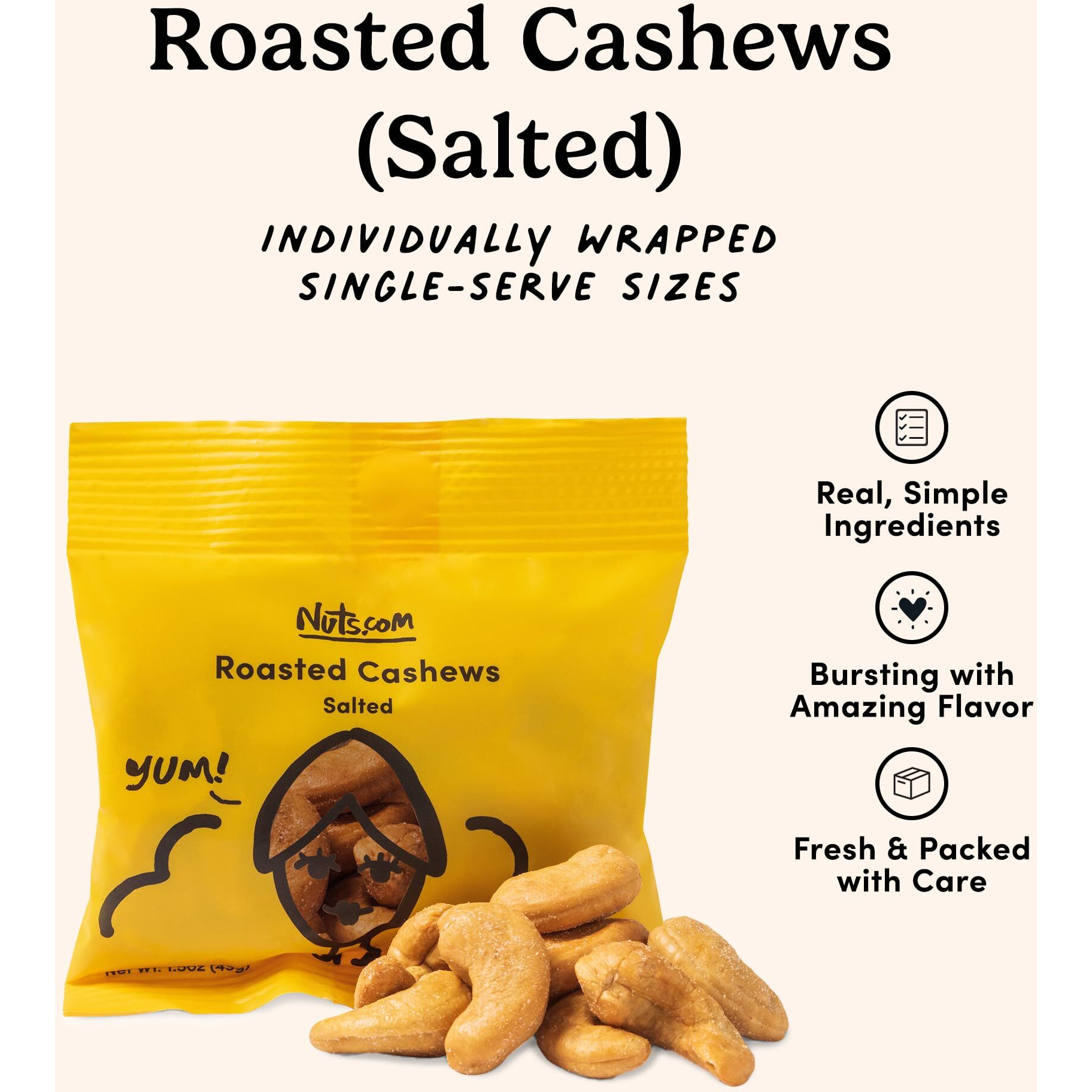 Nuts.Com - Roasted Cashews (Salted Single Serve) - Creamy & Savory Flavor, Healthy Snack For Adults & Kids, Good Source Of Protein, Fiber, Calcium, Iron & Healthy Fats - Vegan & Gluten-Free - 24 Pack