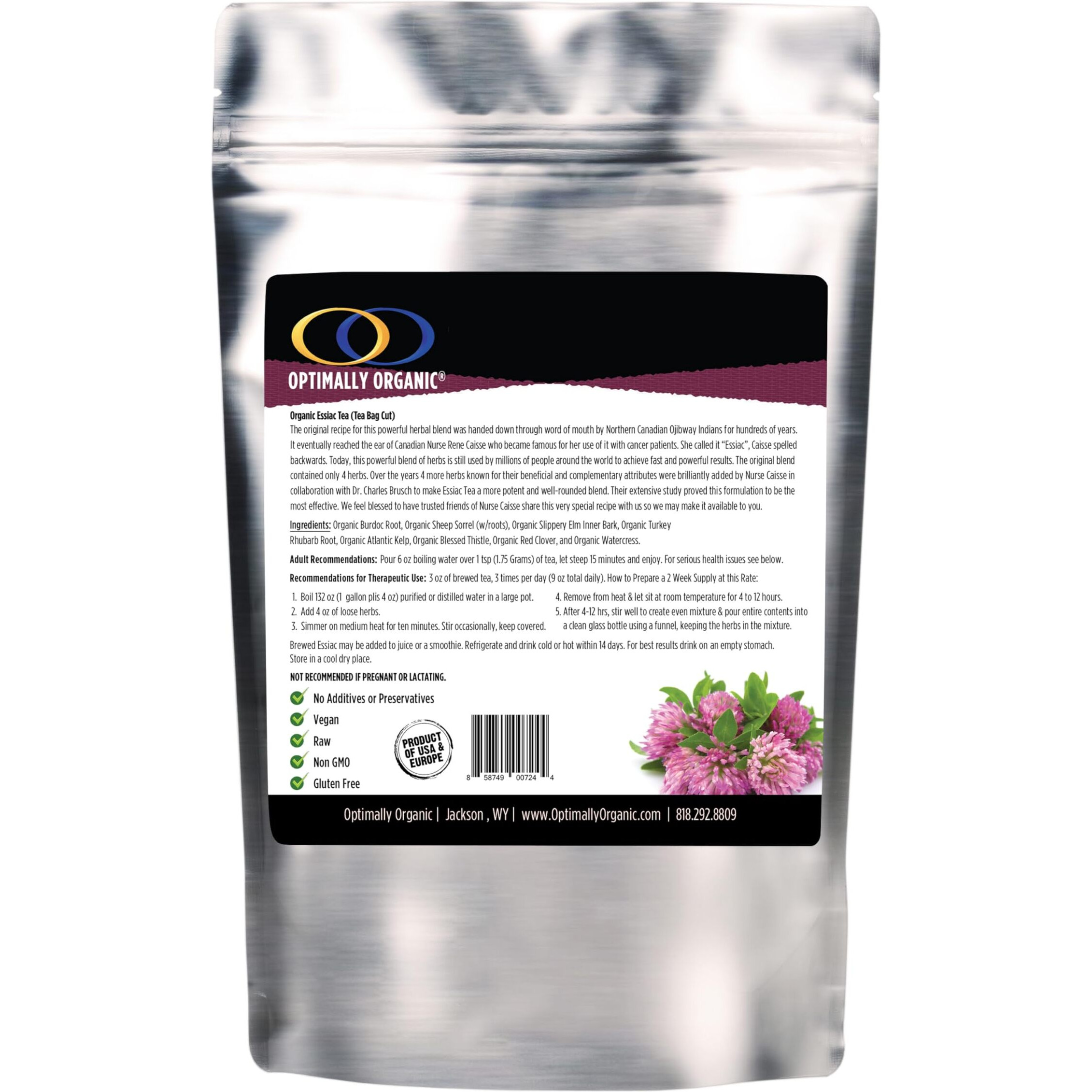 Optimally Organic Essiac Tea - Tea Bag Cut - 8 Herb Recipe By Rene Caisse Usa & Eu Grown Burdock Root - Sheep Sorrel Whole Plant With Roots - Blessed Thistle - Kelp - Watercress - Red Clover - Slippery Elm - Turkey Rhubarb Root