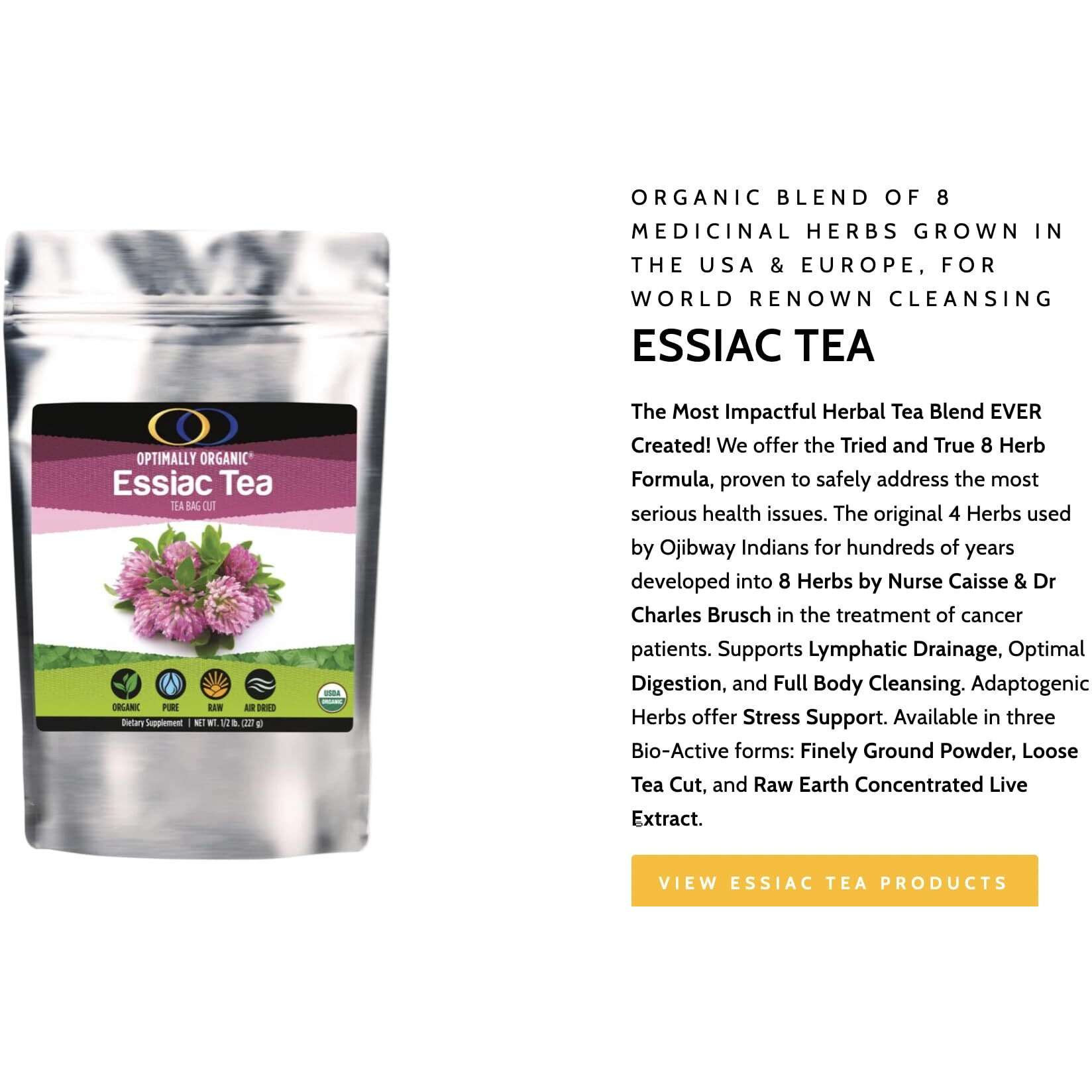 Optimally Organic Essiac Tea - Tea Bag Cut - 8 Herb Recipe By Rene Caisse Usa & Eu Grown Burdock Root - Sheep Sorrel Whole Plant With Roots - Blessed Thistle - Kelp - Watercress - Red Clover - Slippery Elm - Turkey Rhubarb Root