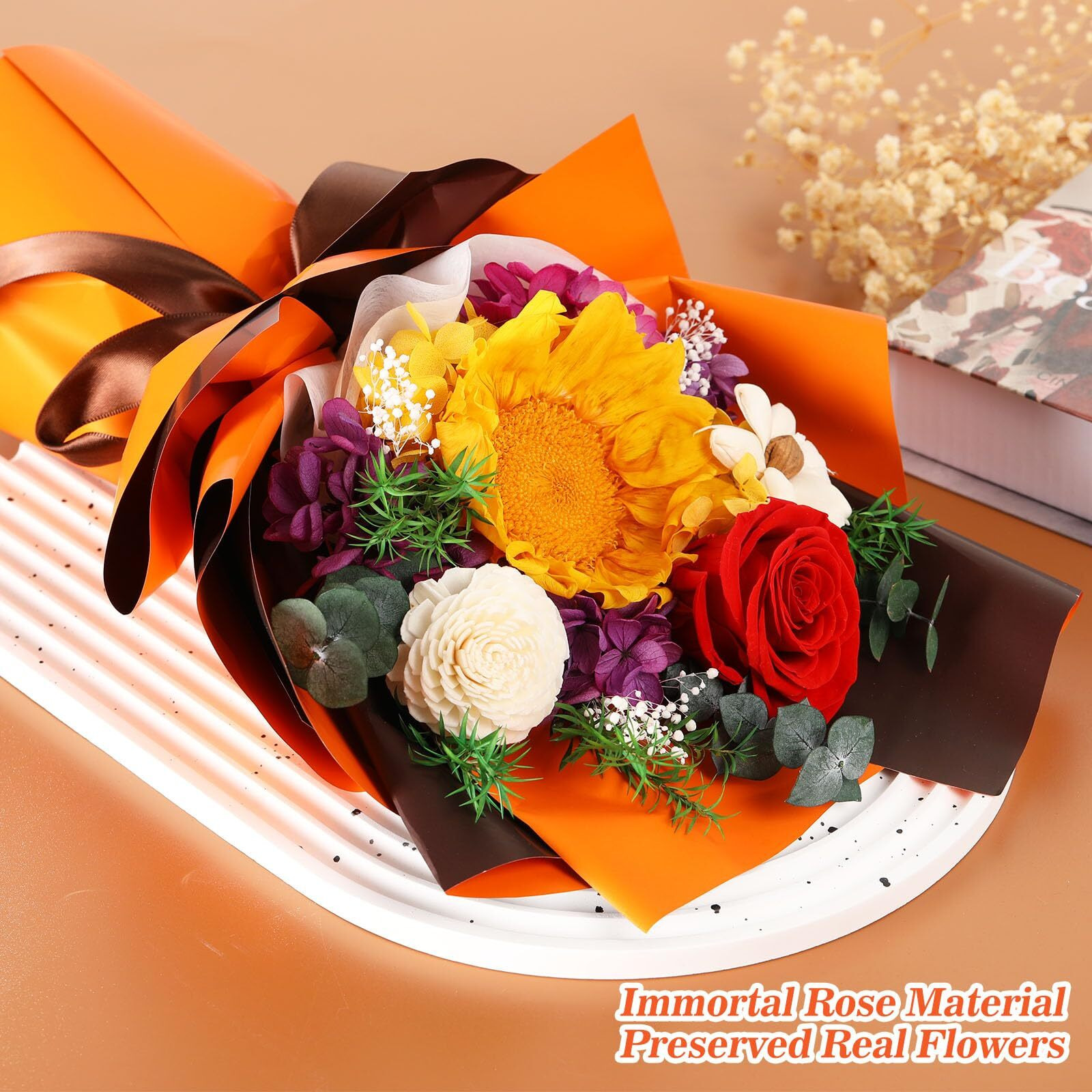 Jtoder Forever Flowers For Delivery Prime, Preserved Long Lasting Orange Sunflower Bouquet For Mom Wife Girlfriend On Mothers Day Valentines Day Christmas Anniversary Birthday Gifts For Her