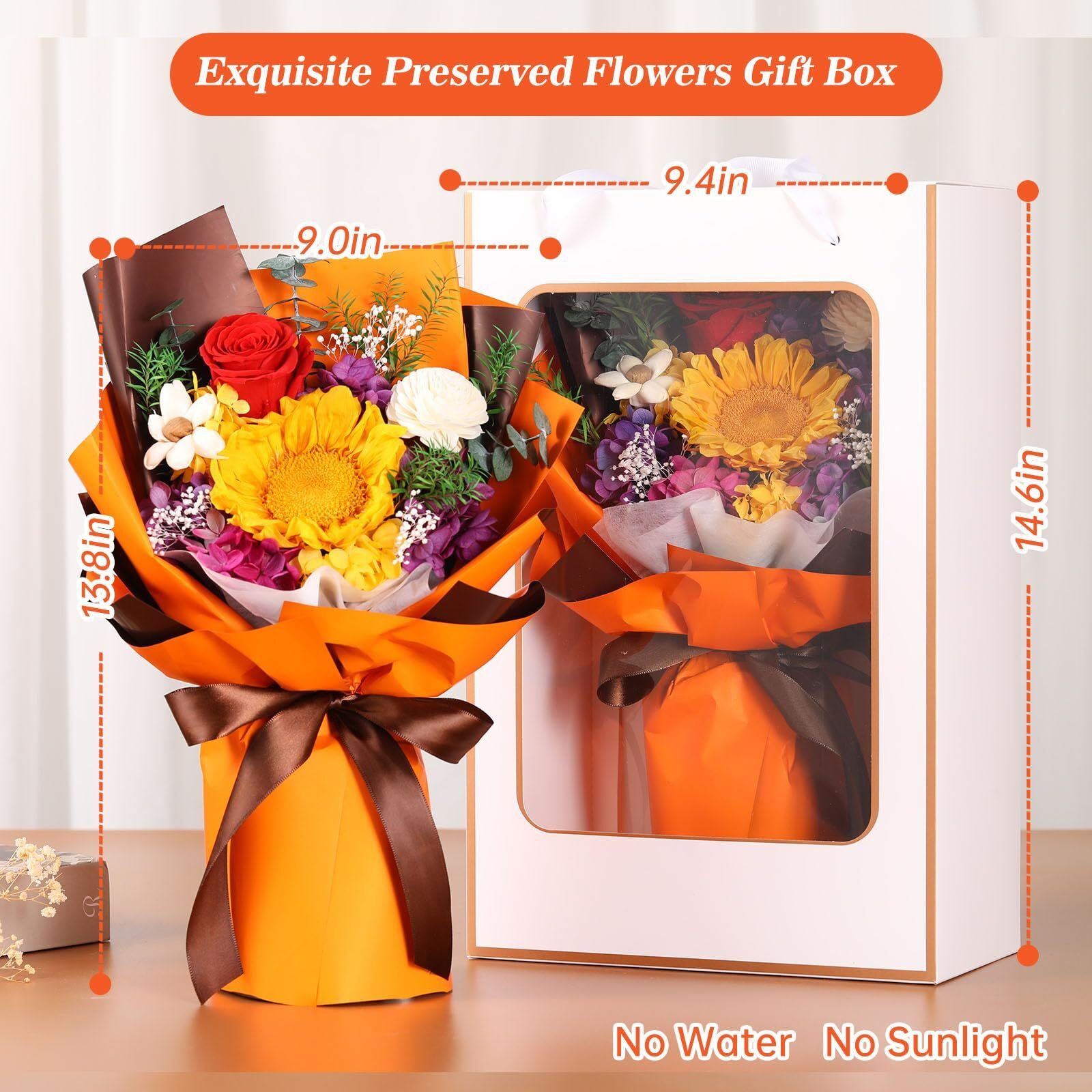 Jtoder Forever Flowers For Delivery Prime, Preserved Long Lasting Orange Sunflower Bouquet For Mom Wife Girlfriend On Mothers Day Valentines Day Christmas Anniversary Birthday Gifts For Her