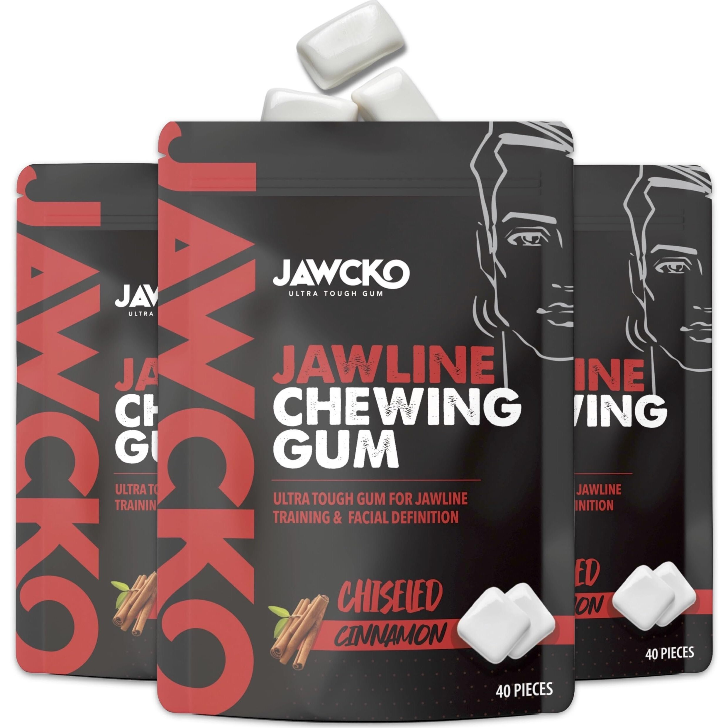 Jawcko Ultra-Tough Jawline Chewing Gum | Get A Stronger, Squarer Jawline | 15X Harder Than Other Gum | Cinnamon Jaw Training Hard Gum | Chisel, Sculpt, & Tone Your Jaw | Facial Fitness Mewing Gum | 40 Pieces/Pack (3-Pack, Chiseled Cinnamon)