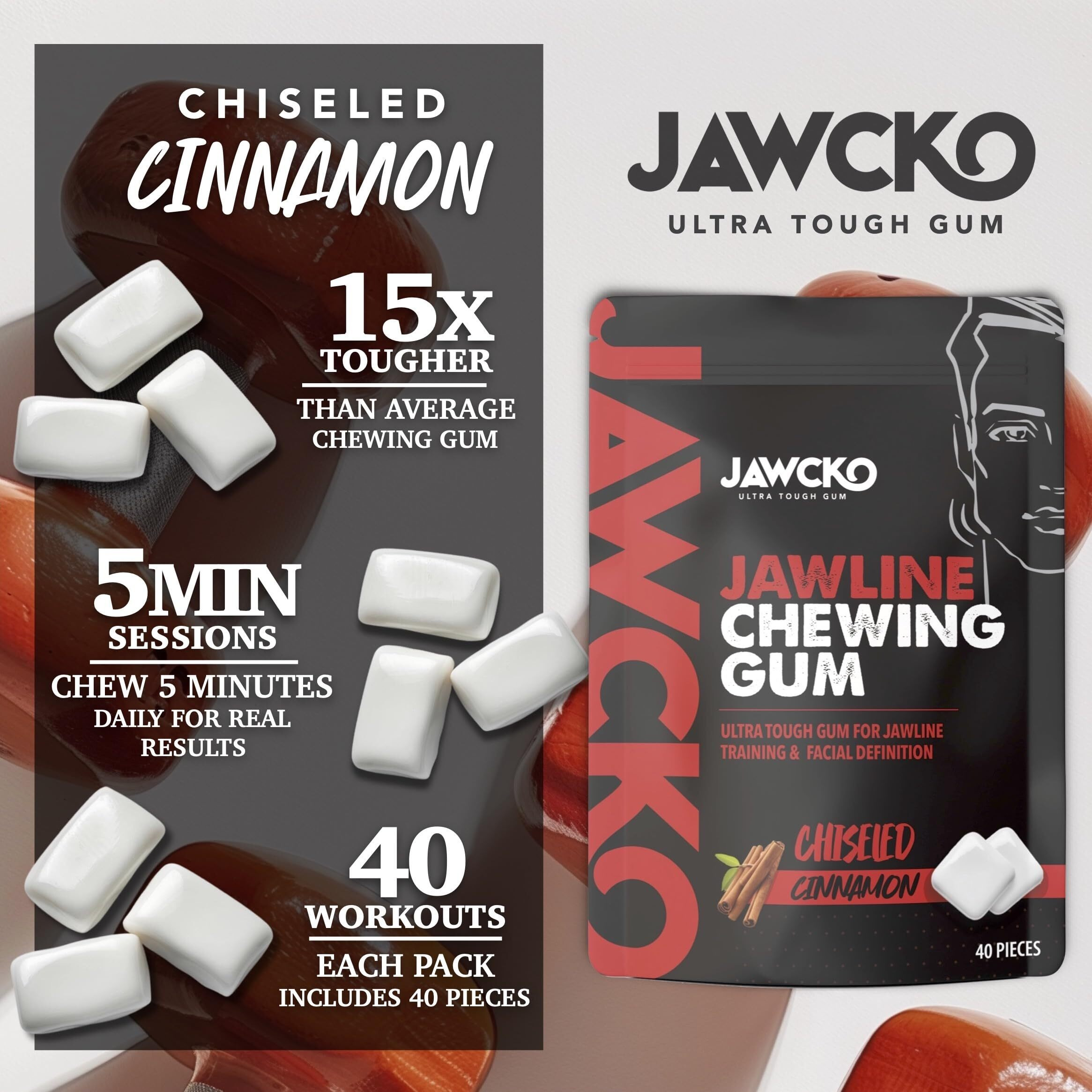 Jawcko Ultra-Tough Jawline Chewing Gum | Get A Stronger, Squarer Jawline | 15X Harder Than Other Gum | Cinnamon Jaw Training Hard Gum | Chisel, Sculpt, & Tone Your Jaw | Facial Fitness Mewing Gum | 40 Pieces/Pack (3-Pack, Chiseled Cinnamon)