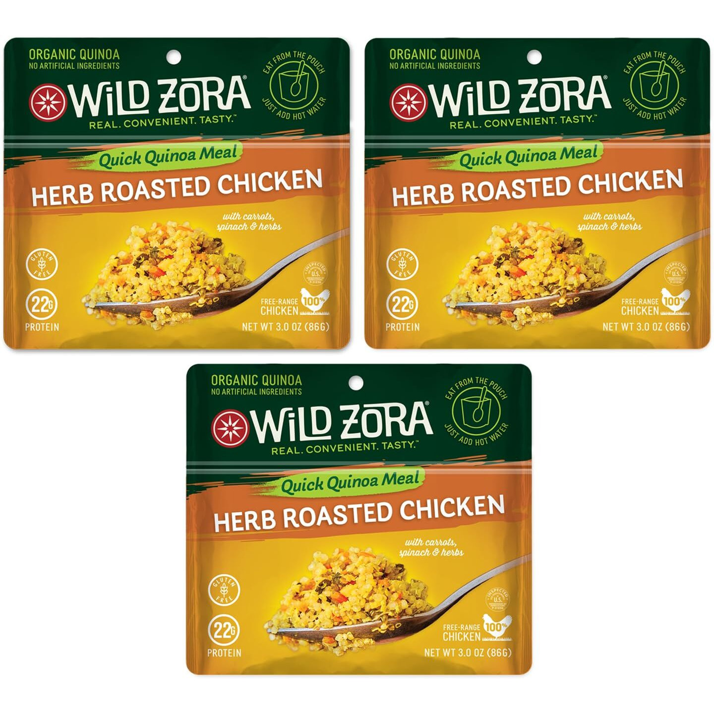 Wild Zora Instant Organic Quinoa Meals - Quick & Tasty Prepared Quinoa Bowls, Pantry Staples Gluten-Free Meal With Lentils Plus 10G Olive Oil Packet - Herb Roasted Chicken (3-Pack)