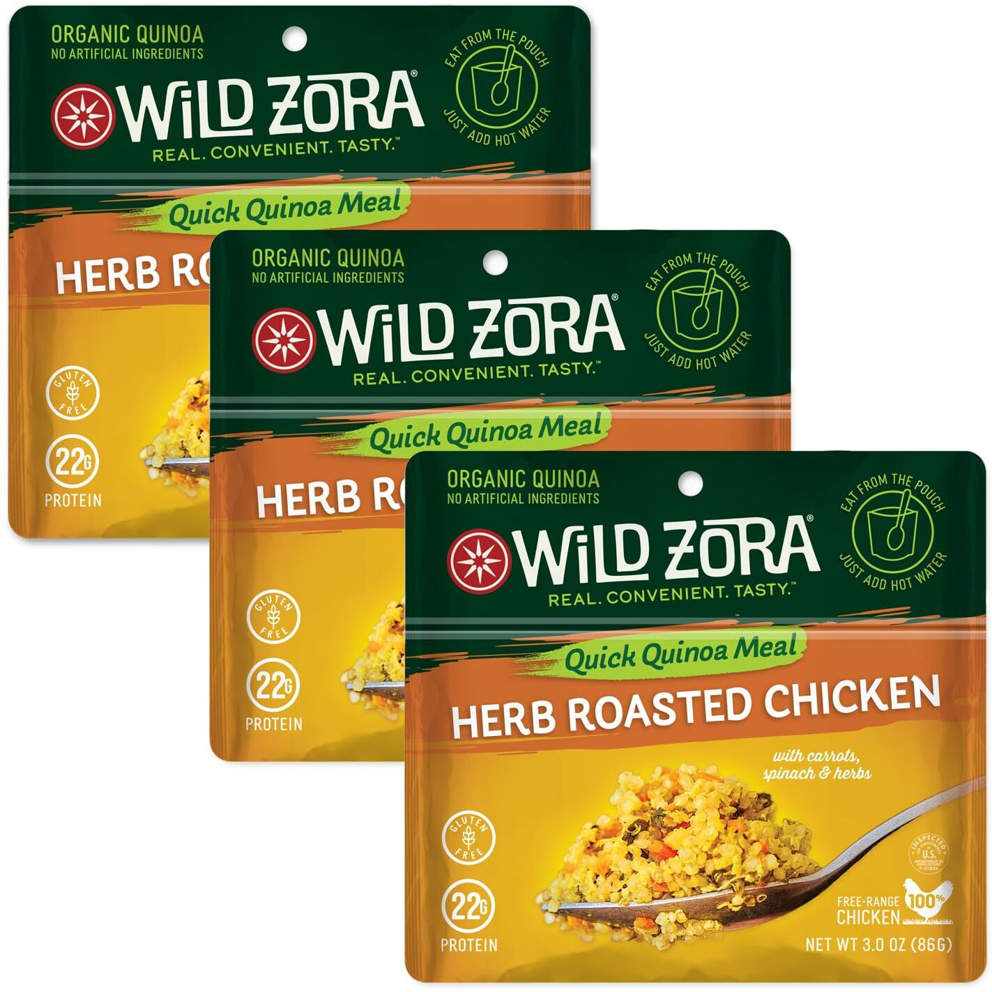 Wild Zora Instant Organic Quinoa Meals - Quick & Tasty Prepared Quinoa Bowls, Pantry Staples Gluten-Free Meal With Lentils Plus 10G Olive Oil Packet - Herb Roasted Chicken (3-Pack)