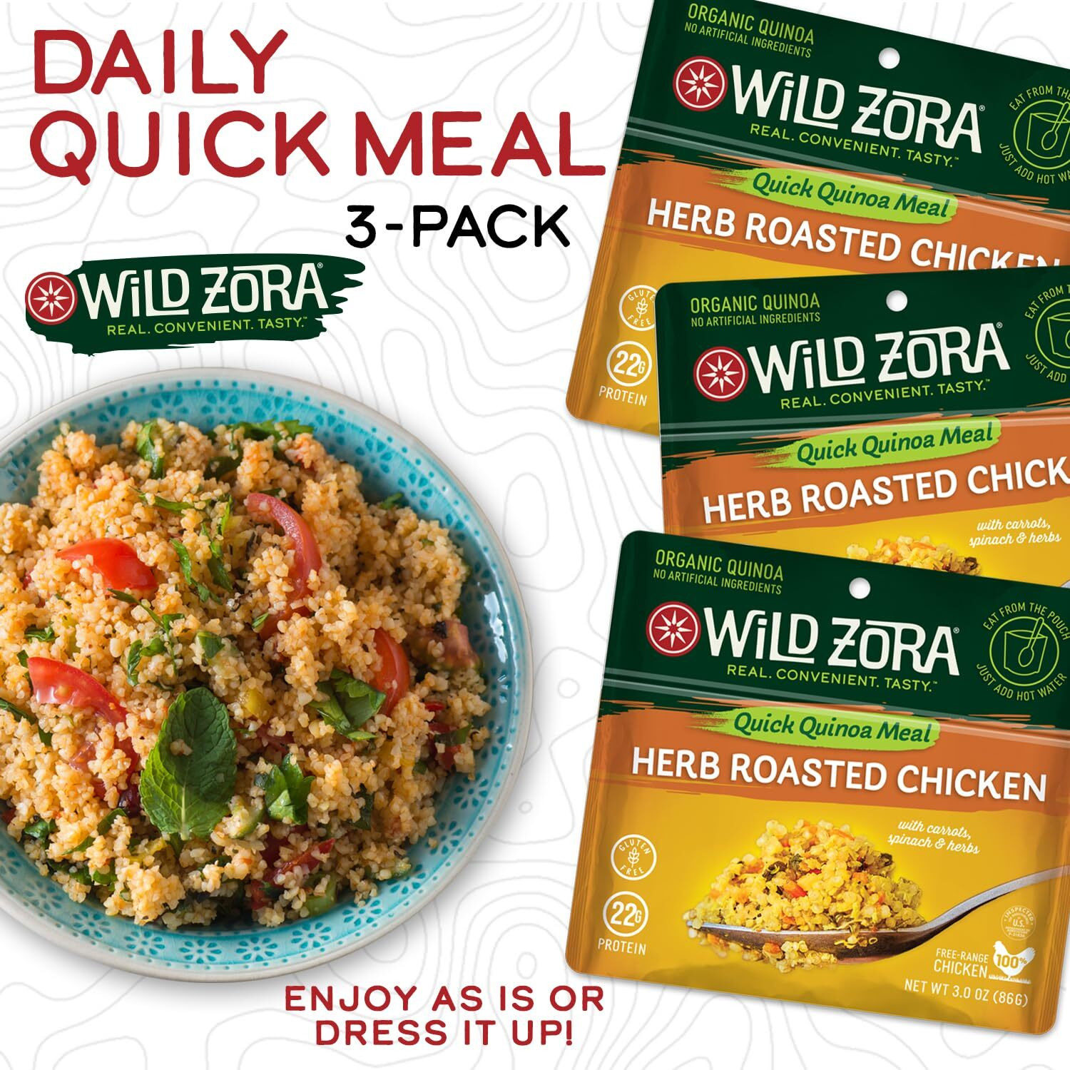 Wild Zora Instant Organic Quinoa Meals - Quick & Tasty Prepared Quinoa Bowls, Pantry Staples Gluten-Free Meal With Lentils Plus 10G Olive Oil Packet - Herb Roasted Chicken (3-Pack)