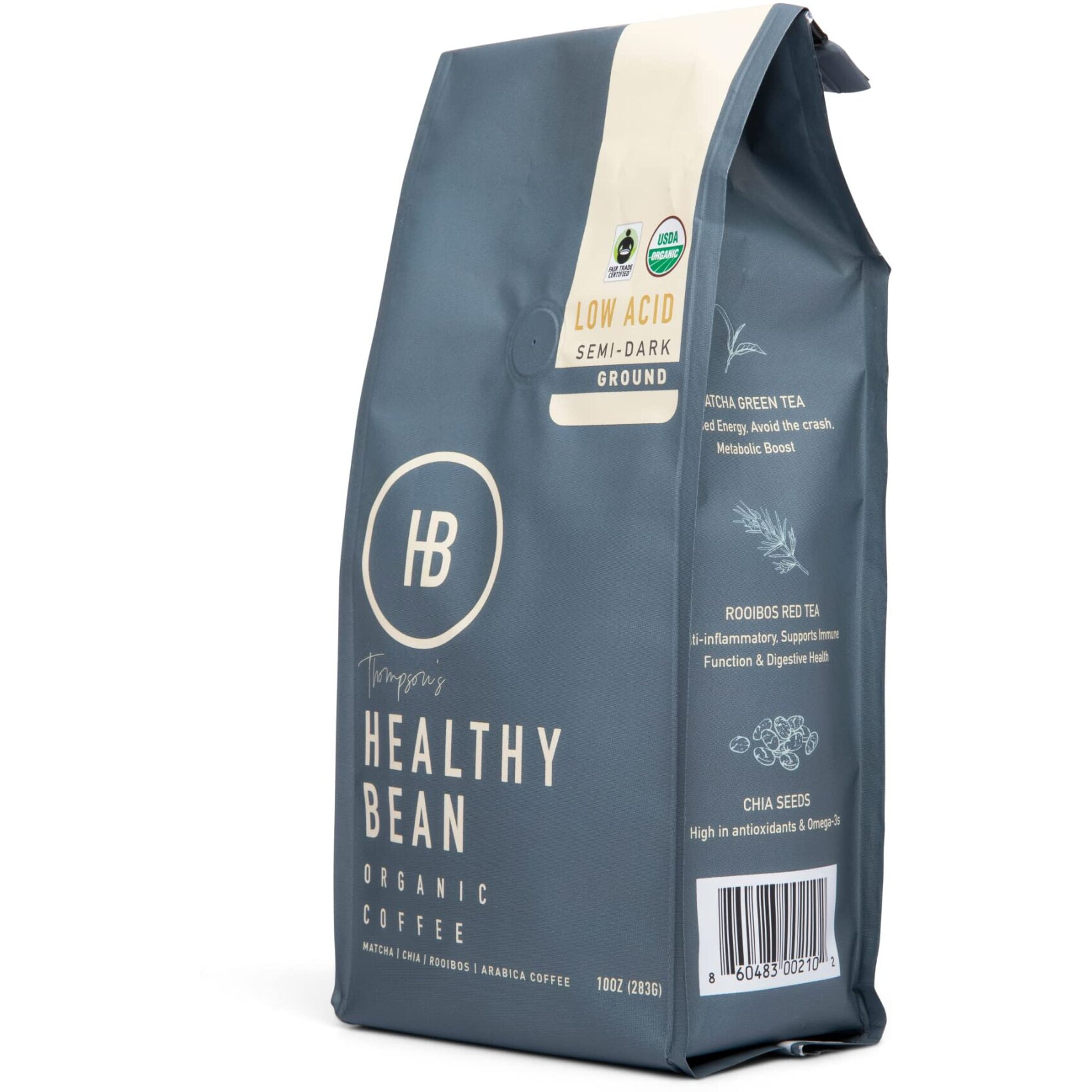 Healthy Bean Coffee - Organic Low Acid Coffee Ground, Superfood Infused Healthy Coffee, Clean Coffee Organic - Usda Organic Ground Coffee, Mycotoxin Free Coffee - Semi-Dark Roast, 10Oz