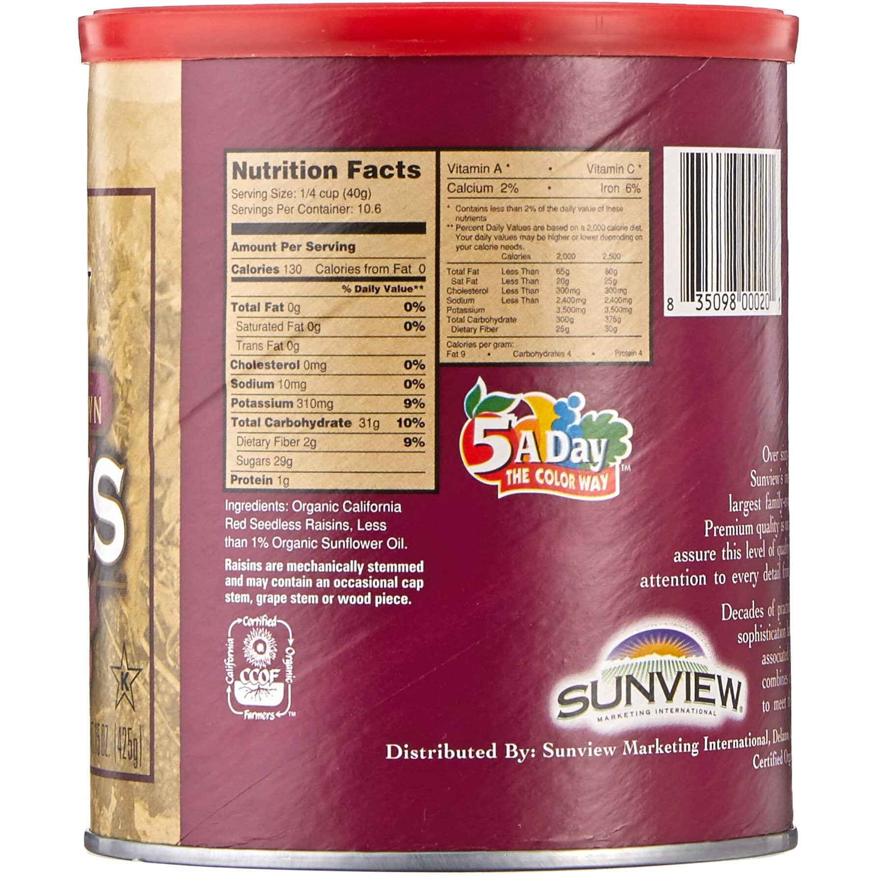 Sunview Organic Red Seedless Raisins 3 -15 Oz. Canisters