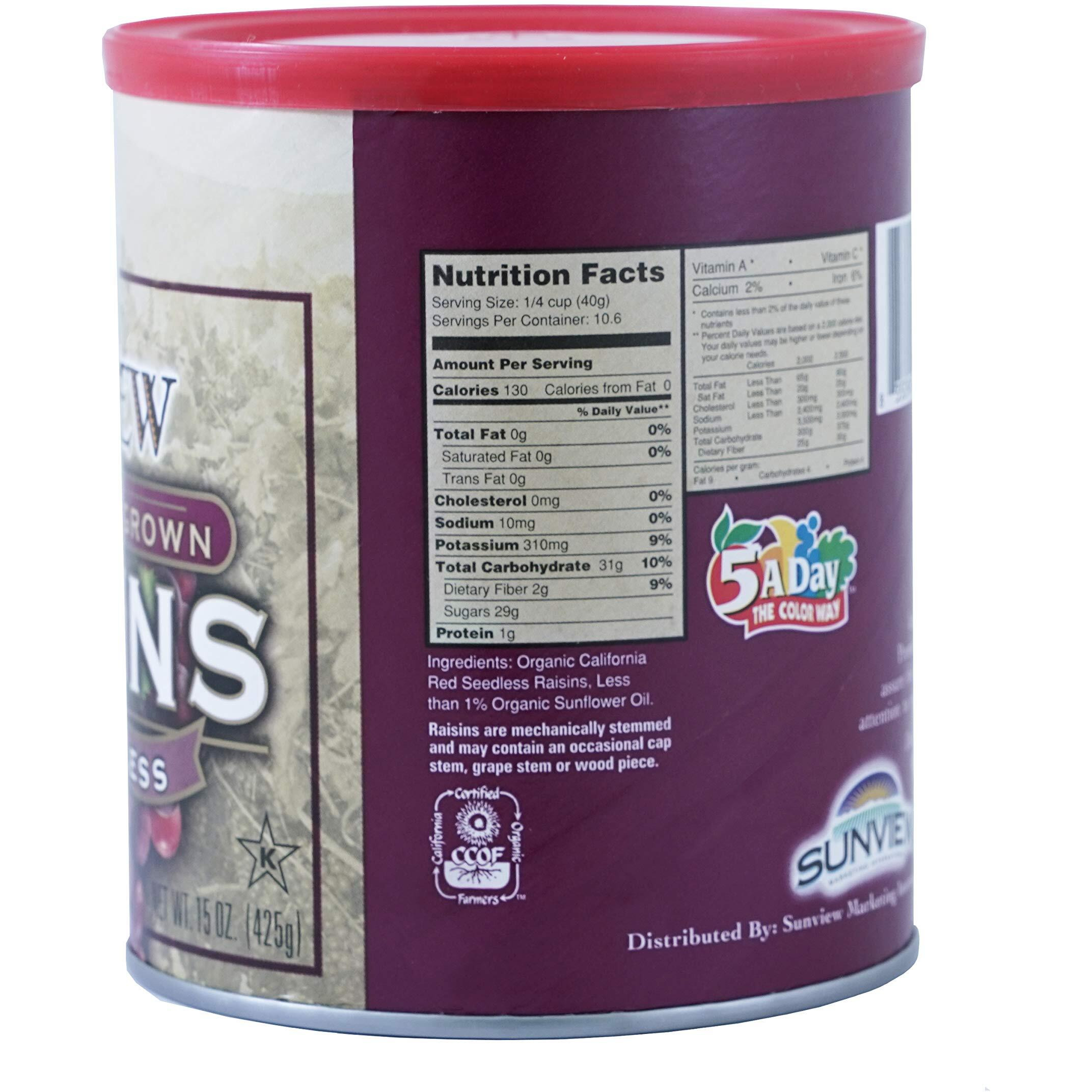 Sunview Organic Red Seedless Raisins 3 -15 Oz. Canisters
