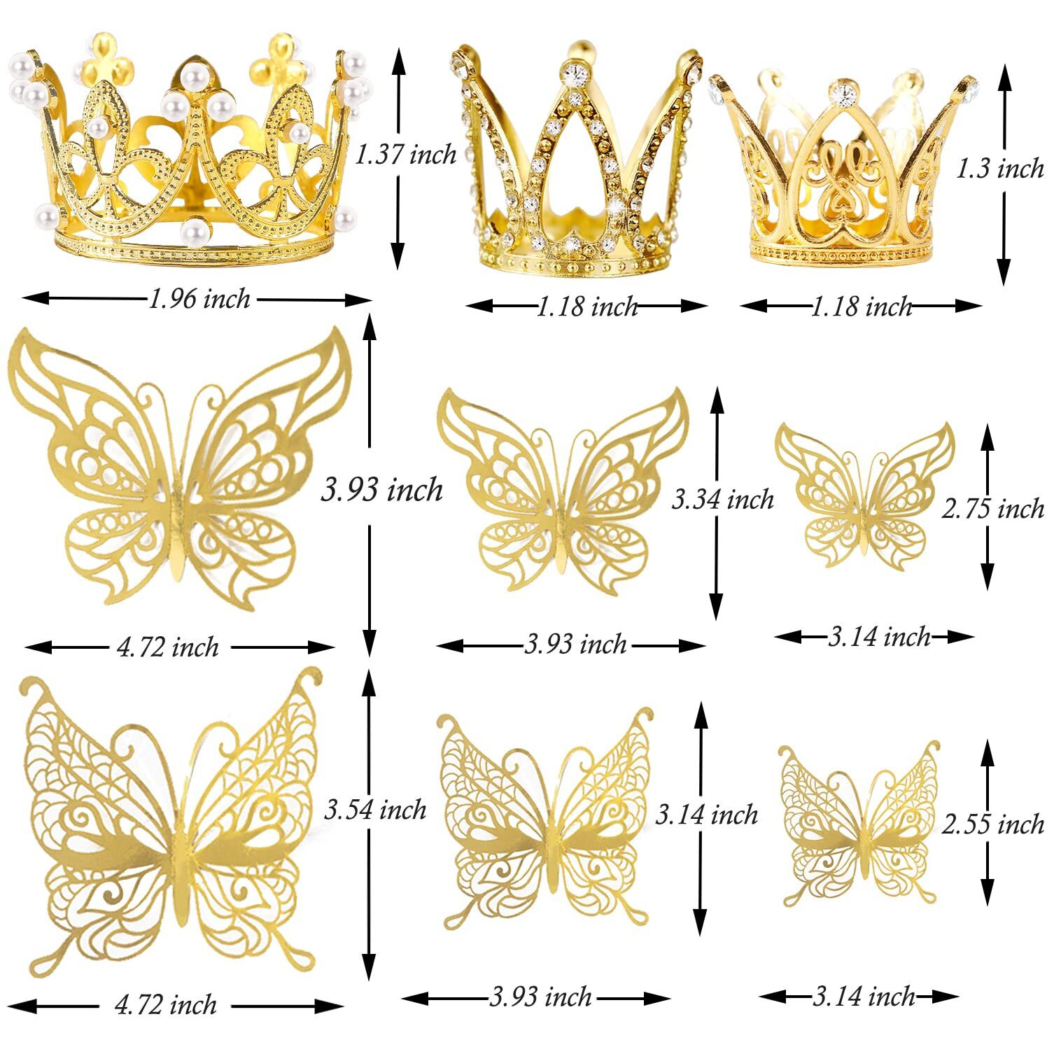 30 Pieces Mini Crown Cake Topper Small Gold Crown Mini Tiara With Gold Butterfly Decoration 3D Gold Butterflies For Flower Arrangements Gold Crown Cake Topper For Wedding Baby Shower Birthday Party