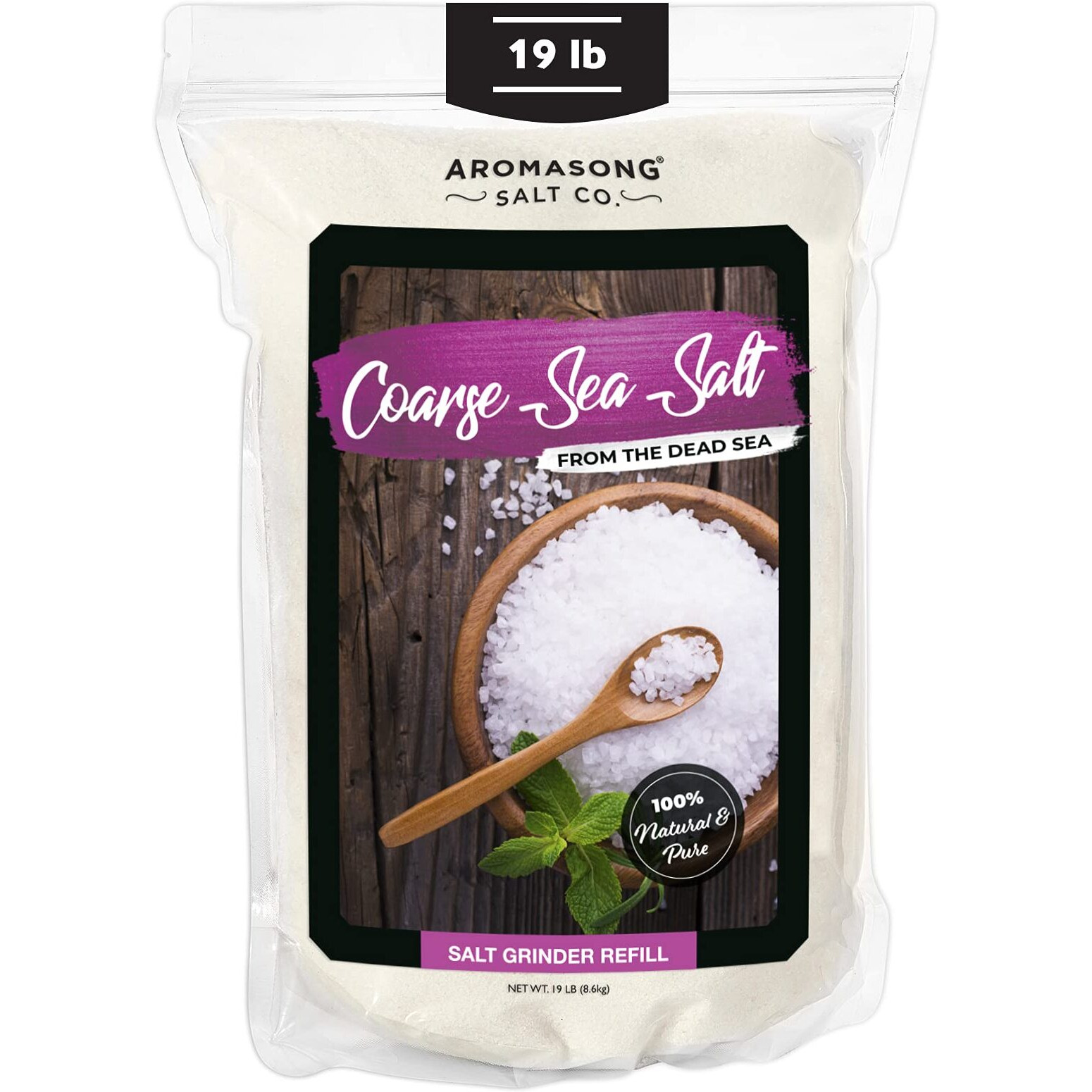 Aromasong 100% Natural Sea Salt Bulk Food Grade 19 Lb, Coarse Grain, Large Resealable Bag, Pure Dead Sea Salt, Gluten Free Unrefined Sea Salt, Grinder Refill For Daily Cooking, Canning & Pickling.