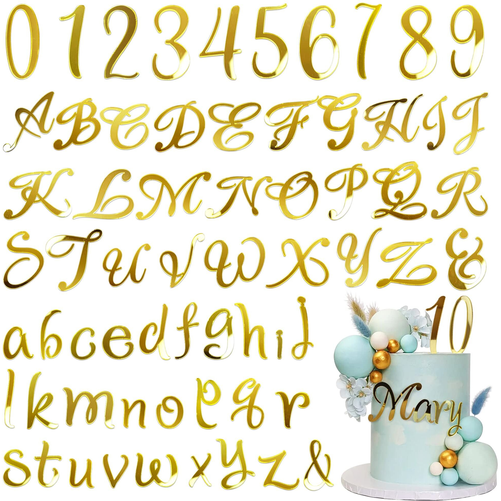 91 Pcs Acrylic Alphanumeric Cake Decoration Diy Cupcake Decoration A-Z Alphanumeric Mirror 0-9 Cake Decoration Pick Personalized Letters Anniversary Wedding Baby Shower Party Supplies
