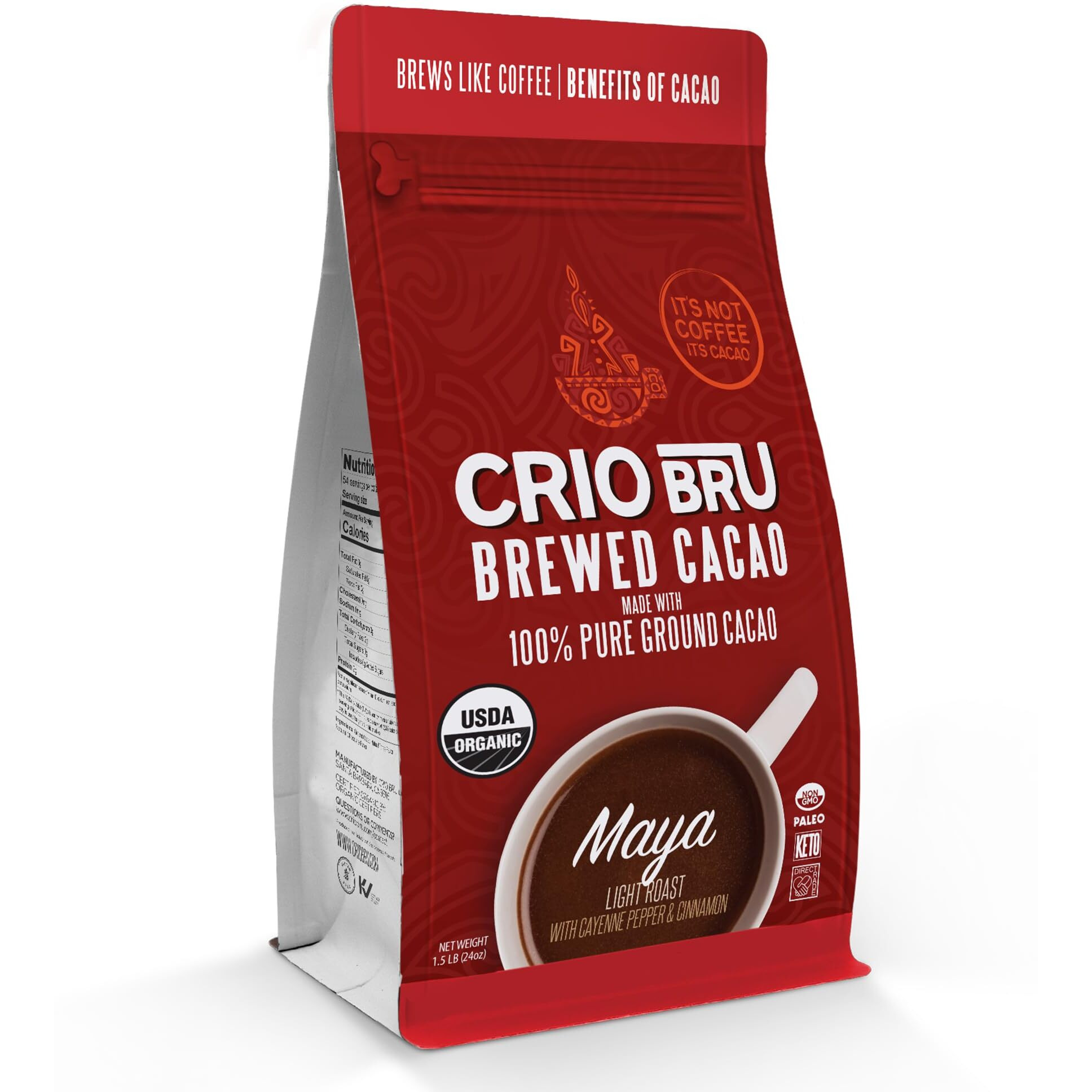 Crio Bru Brewed Cacao Maya Light Roast - Coffee Alternative Natural Healthy Drink | 100% Pure Ground Cacao Beans Brew And Enjoy Hot Or Iced (10 Oz)
