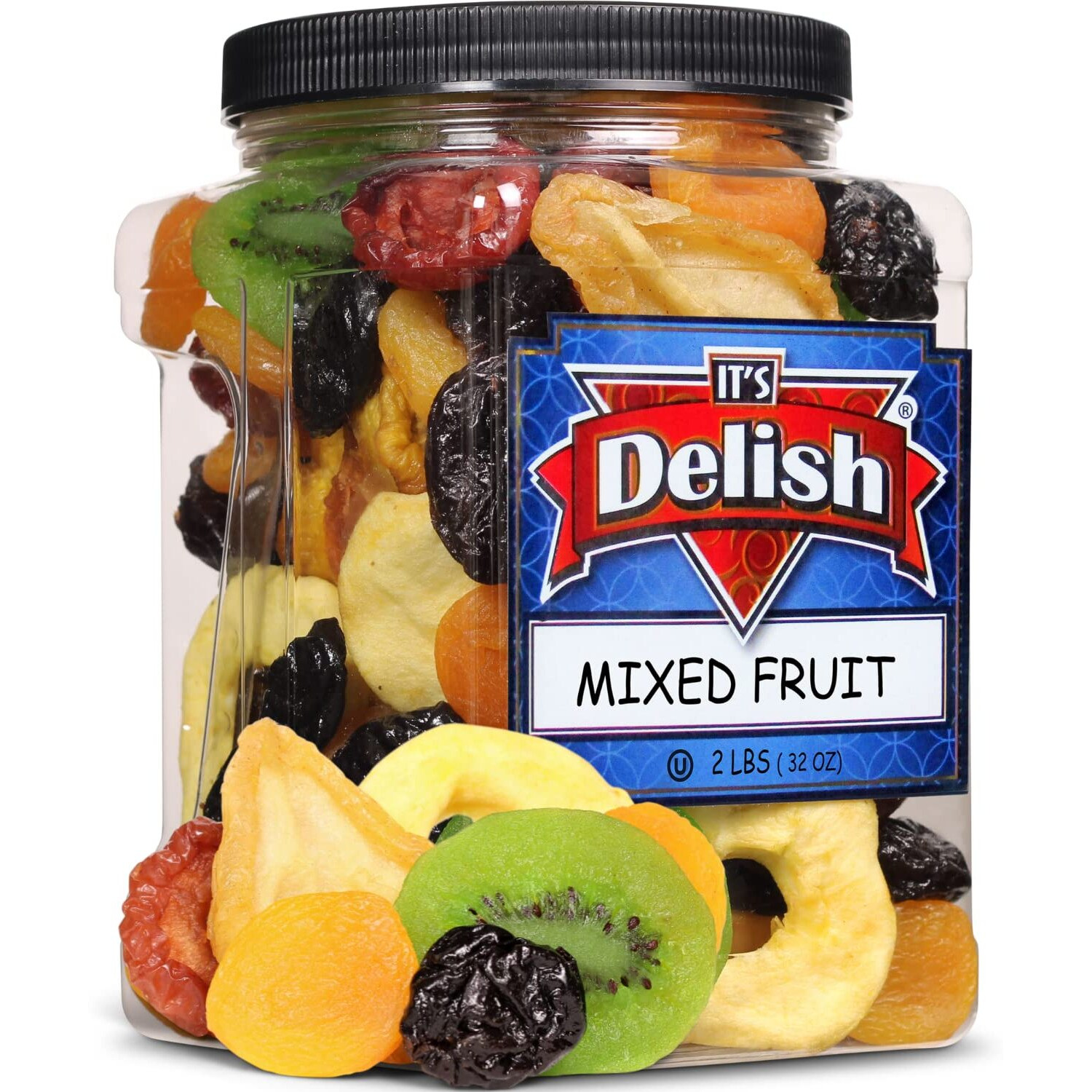 Dried Mixed Fruit With Prunes By It's Delish, 2 Lbs (32 Oz) Jumbo Container | Snack Mix Of Prunes, Apricots, Plums, Apple Rings, Nectarines, Peaches, Pears, Kiwi Slices | Dry Fruits - Vegan Kosher Healthy Snacks