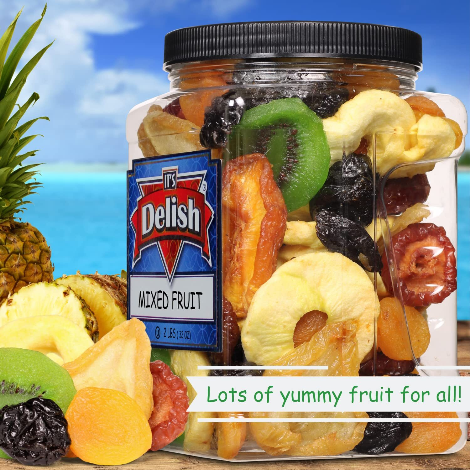 Dried Mixed Fruit With Prunes By It's Delish, 2 Lbs (32 Oz) Jumbo Container | Snack Mix Of Prunes, Apricots, Plums, Apple Rings, Nectarines, Peaches, Pears, Kiwi Slices | Dry Fruits - Vegan Kosher Healthy Snacks