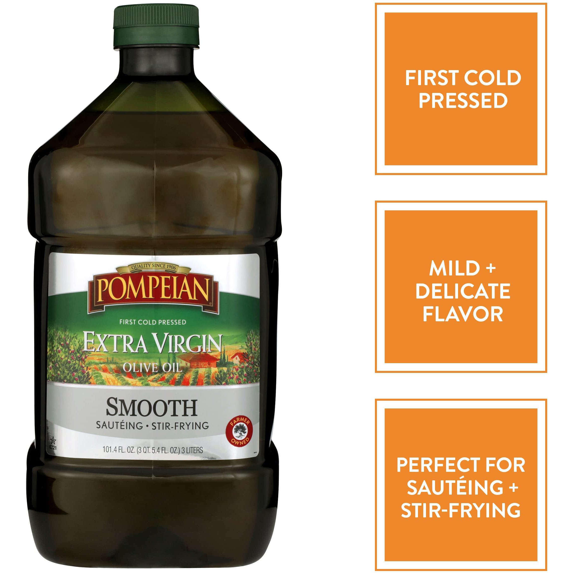 Pompeian Smooth Extra Virgin Olive Oil, First Cold Pressed, Mild And Delicate Flavor, Perfect For Sauteing And Stir-Frying, Naturally Gluten Free, Non-Allergenic, Non-Gmo, 101 Fl Oz., Single Bottle