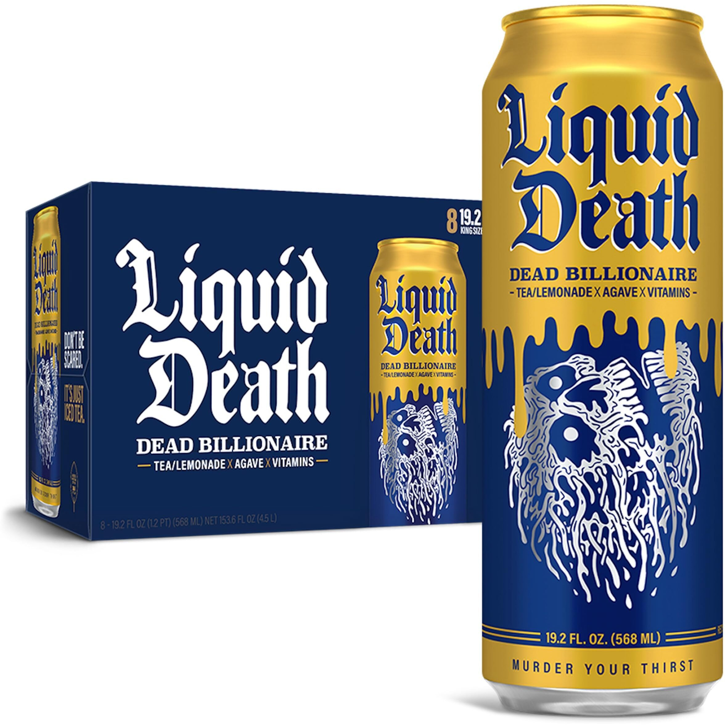 Liquid Death, Dead Billionaire Iced Tea, 8-Pack (King Size 19.2Oz Cans), Half Lemonade Half Black Tea Sweetened With Real Agave, B12 & B6 Vitamins, Low Calorie & Low Sugar