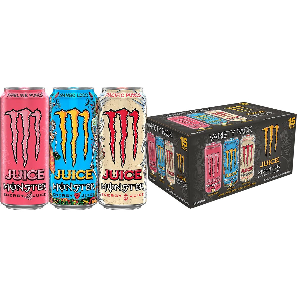 Monster Energy Juice Monster Variety Pack, Pipeline Punch, Mango Loco, Pacific Punch, Energy+Juice, Energy Drink, 16 Ounce (Pack Of 15)